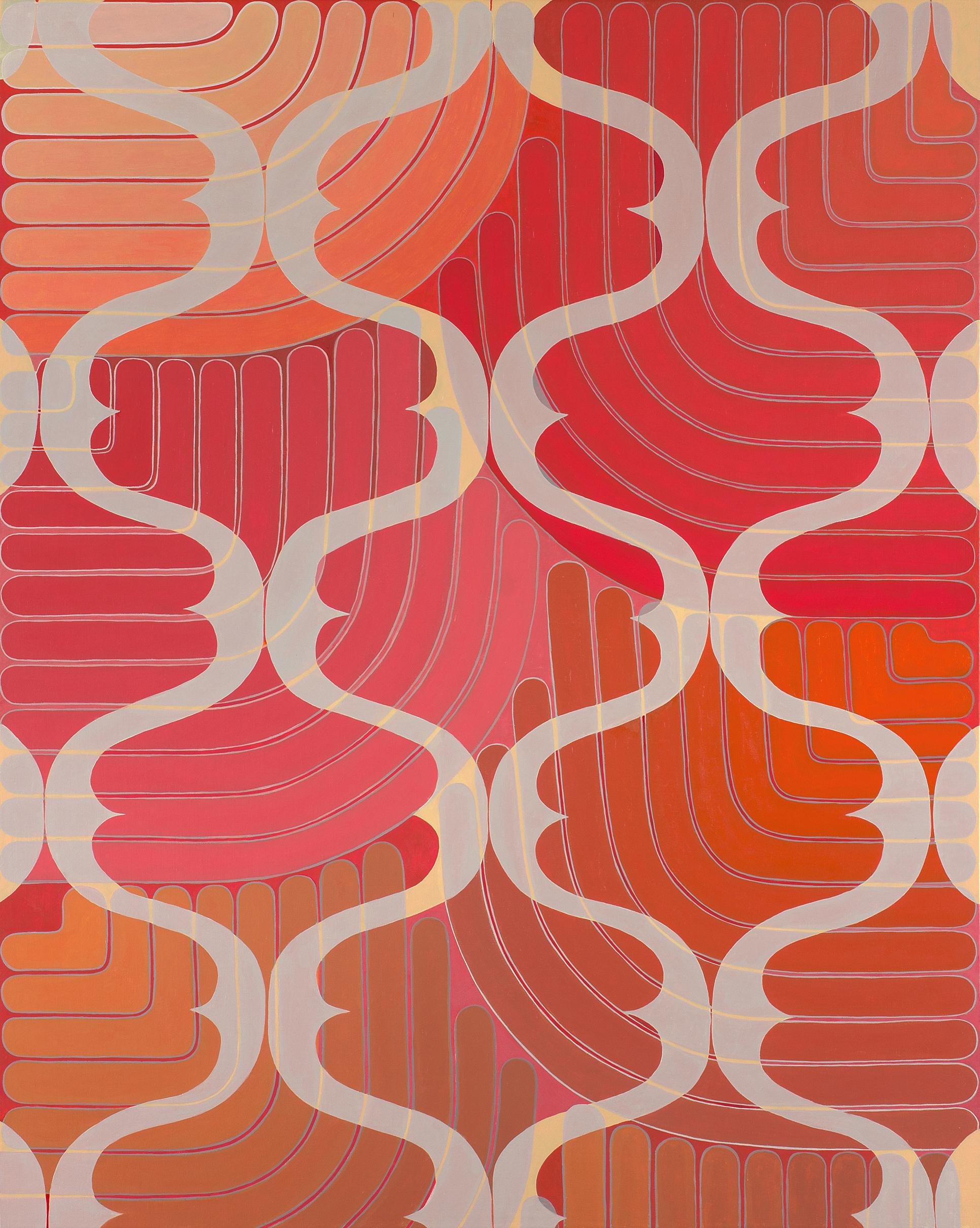Jenny Kemp Abstract Painting – Geometrische Drapierung, Koralle, Dunkelrosa, Grau, Orange Geometrisches abstraktes Kurvenmuster