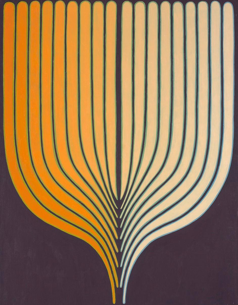 Golden, Vertical Abstract Geometric Painting, Golden Orange, Eggplant, Mauve