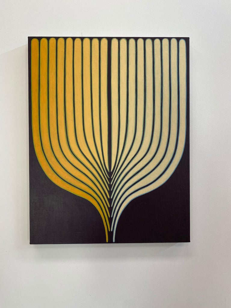 In this vertical abstract painting in acrylic on linen mounted on panel, a symmetrical, geometric shape is composed of curving lines in light orange outlined in pale green, bright and luminous against a dark purple, eggplant colored background,