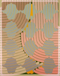 Gray Hour, Vertical Abstract Painting in Light Pink, Gray, Yellow, Green