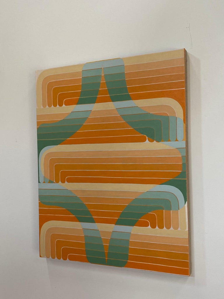 Green Aster, Abstract Geometric Painting in Orange, Light Sage Green For Sale 9