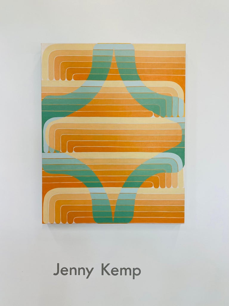 In this vertical abstract painting in acrylic on linen mounted on panel, geometric shapes compose a pattern of curving lines in shades of orange and soft safe green, bright and luminous against a light gray background, suggesting a sense of movement