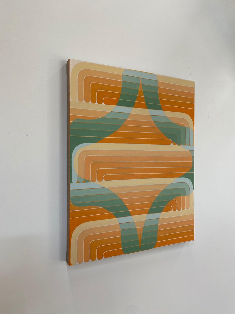 Green Aster, Abstract Geometric Painting in Orange, Light Sage Green For Sale 2