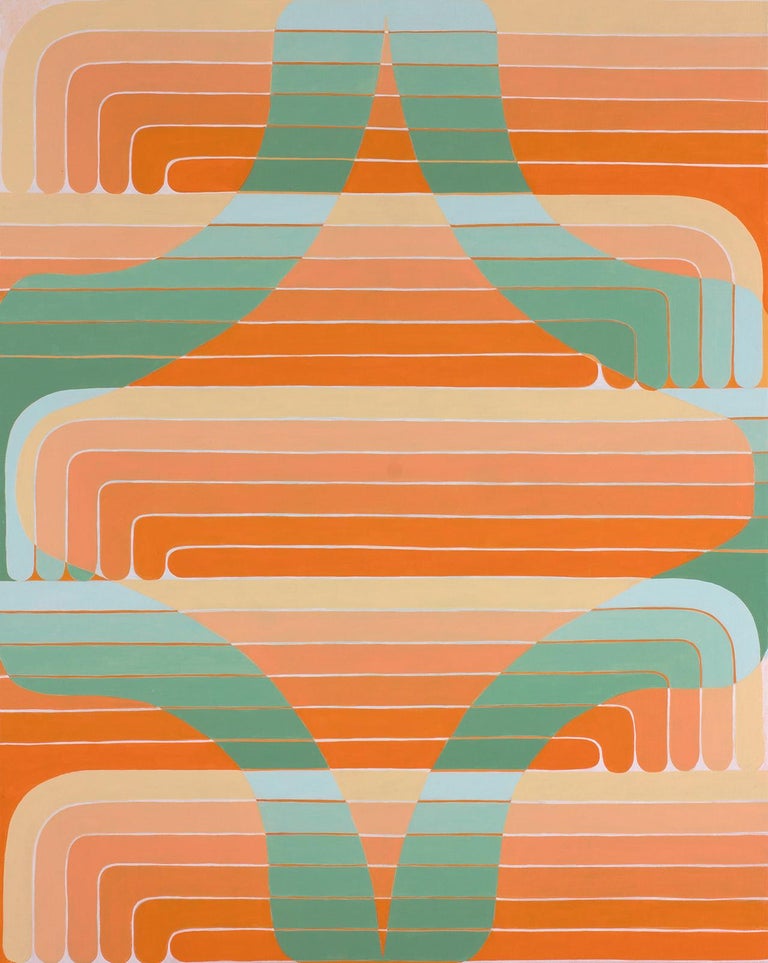 Jenny Kemp Abstract Painting - Green Aster, Abstract Geometric Painting in Orange, Light Sage Green