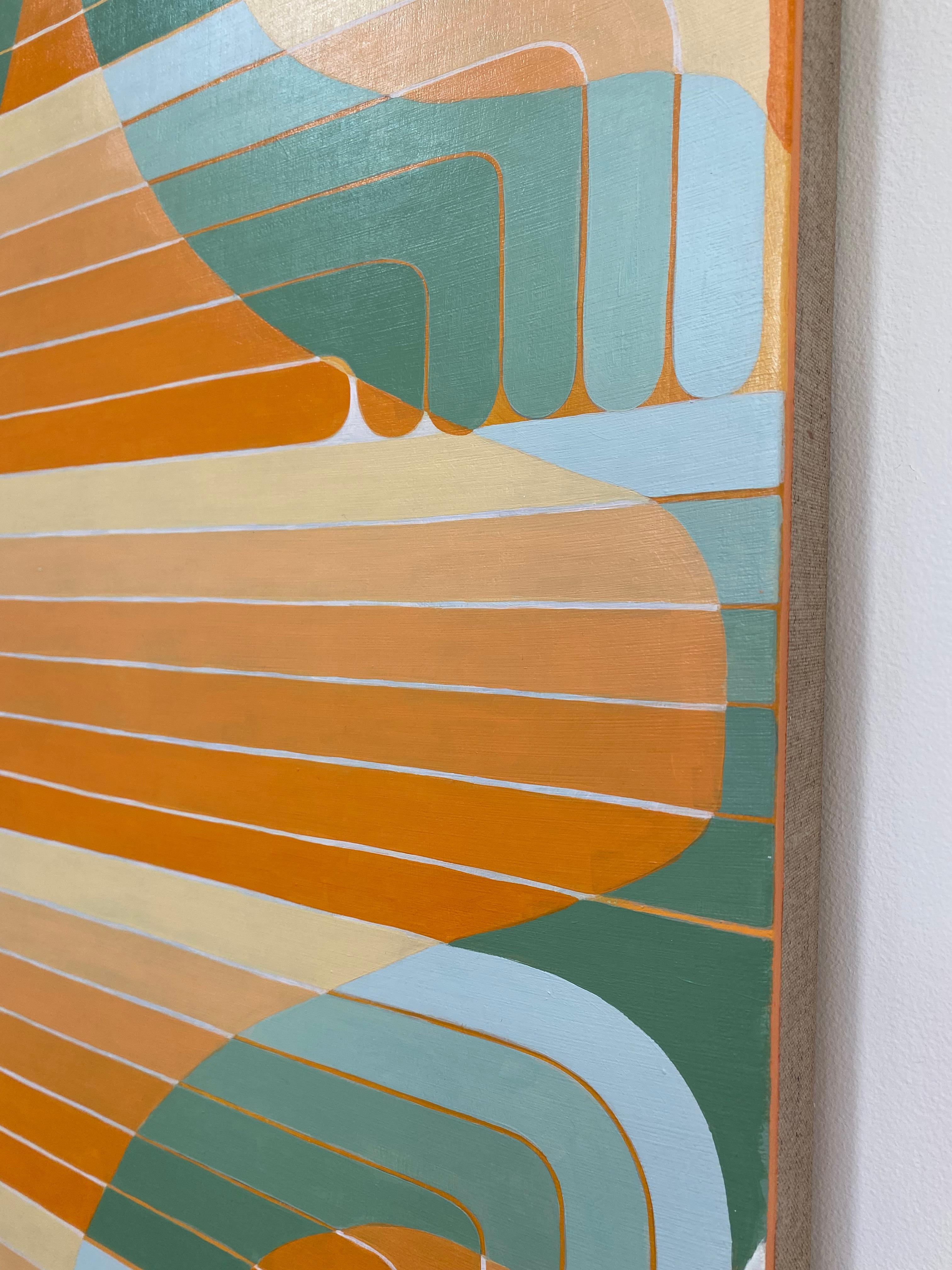 Green Aster, Orange, Light Sage Green Curving Lines, Geometric Abstract For Sale 6