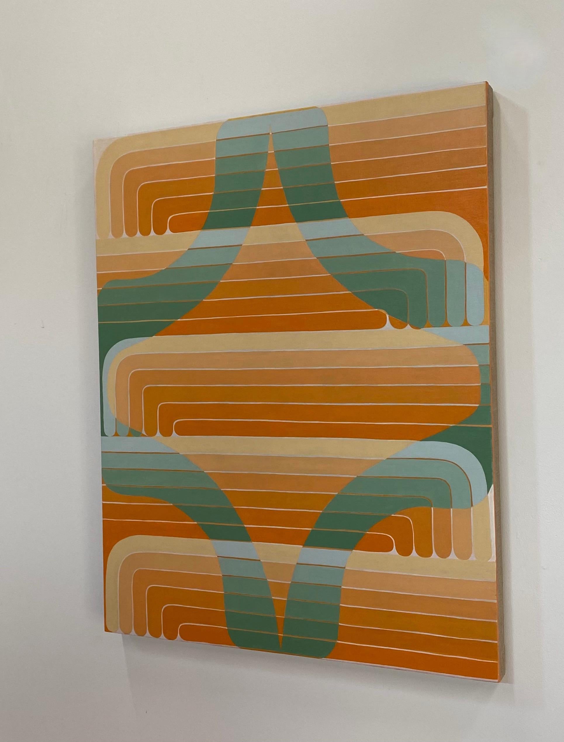 Green Aster, Orange, Light Sage Green Curving Lines, Geometric Abstract For Sale 7