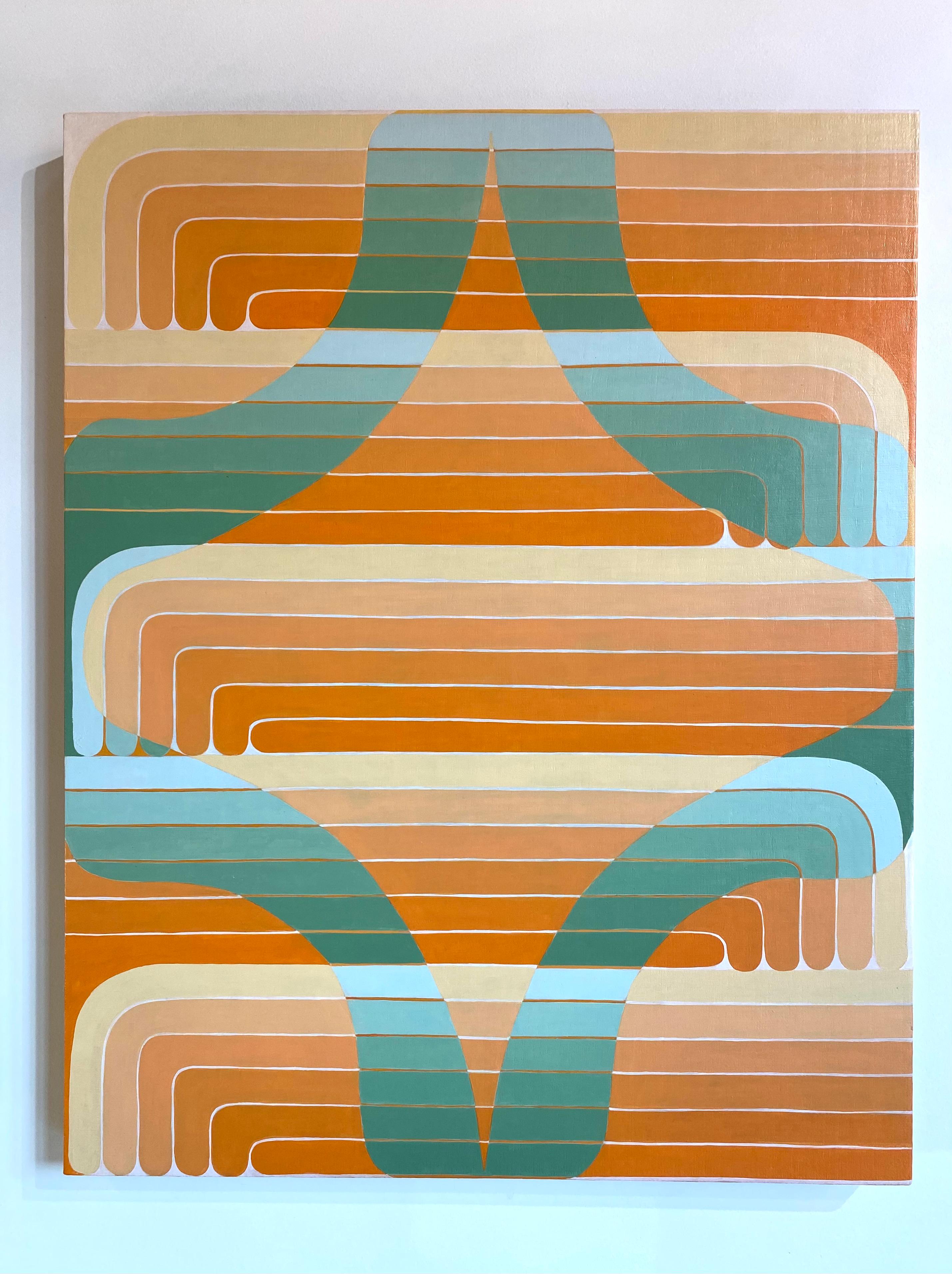 Green Aster, Orange, Light Sage Green Curving Lines, Geometric Abstract For Sale 8