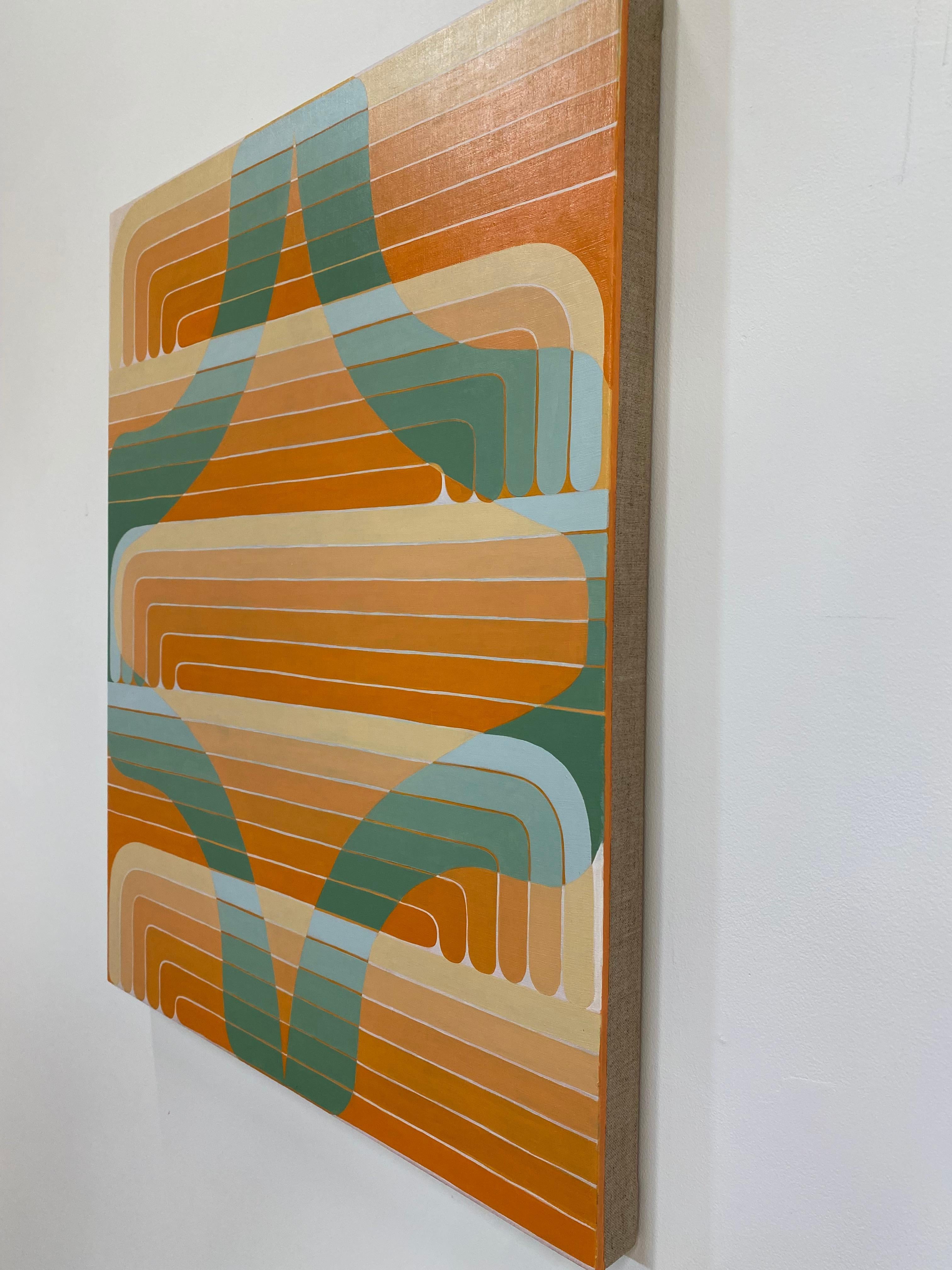 Green Aster, Orange, Light Sage Green Curving Lines, Geometric Abstract For Sale 9
