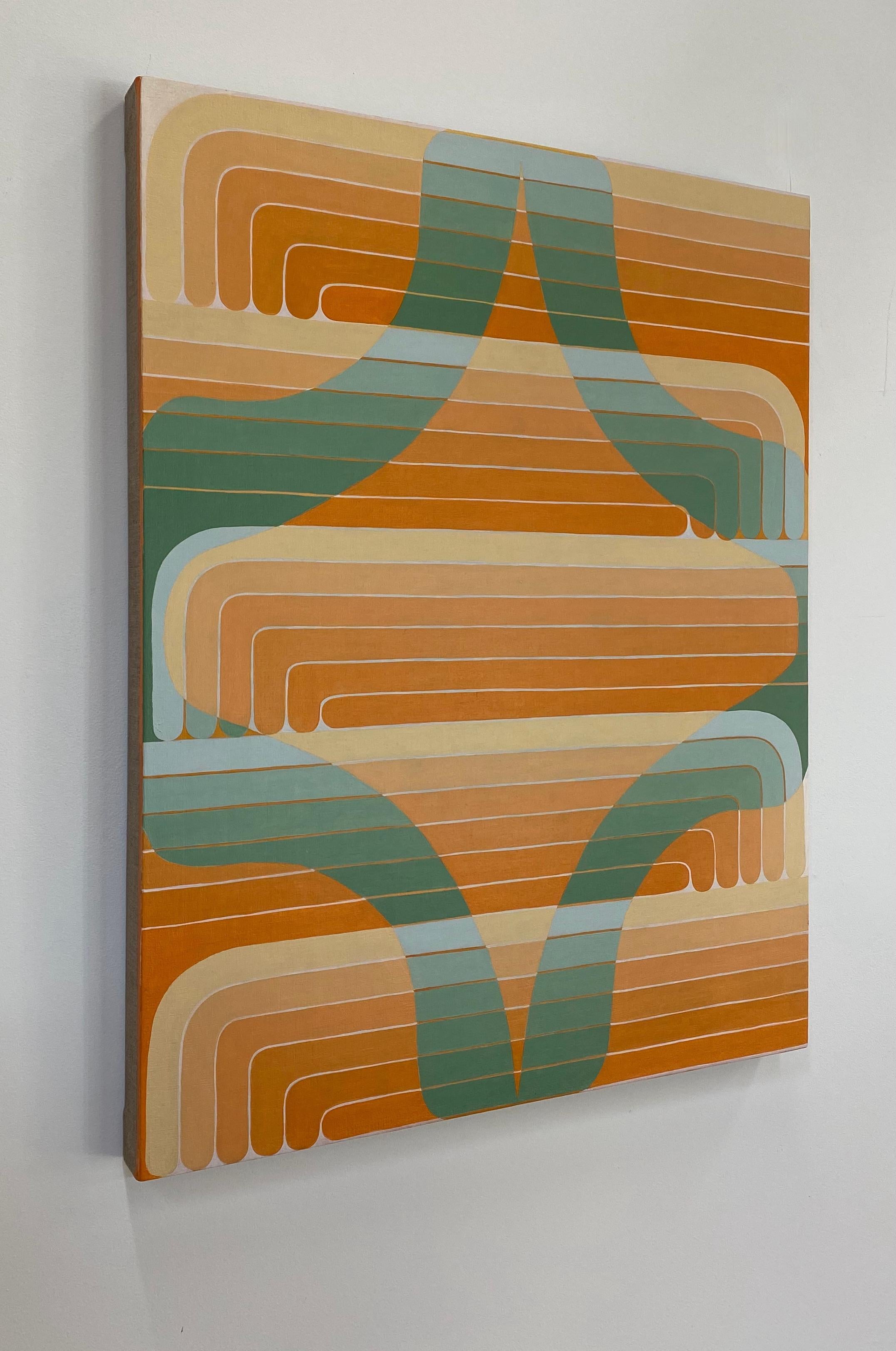 Green Aster, Orange, Light Sage Green Curving Lines, Geometric Abstract - Contemporary Painting by Jenny Kemp