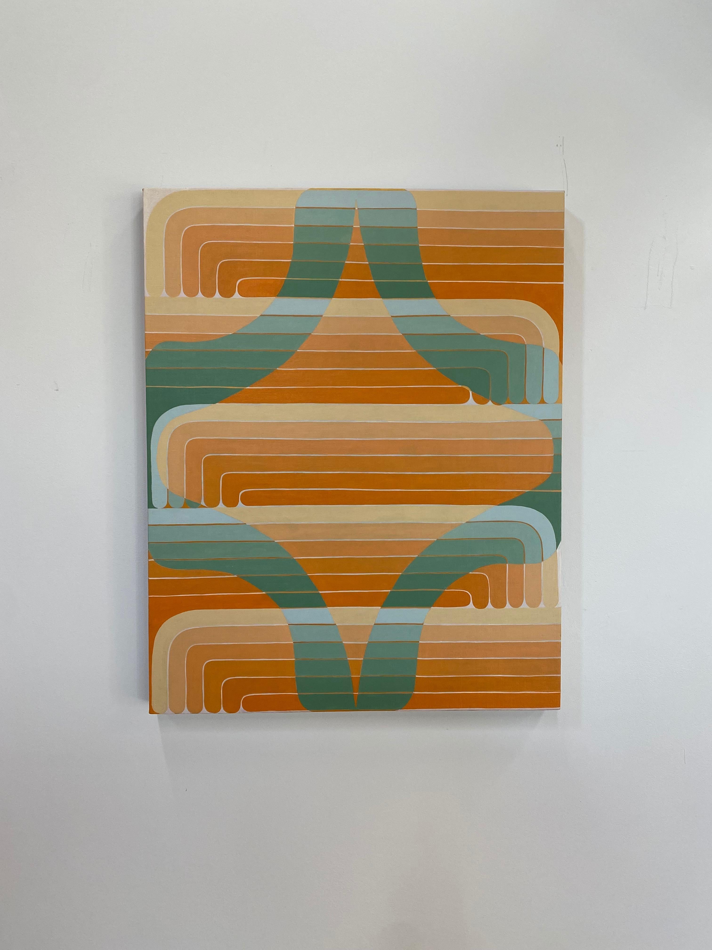 Geometric shapes compose a pattern of curving lines in shades of orange and soft safe green, bright and luminous against a light gray background, suggesting a sense of movement within the layered forms. Signed and dated on verso.

Jenny Kemp’s