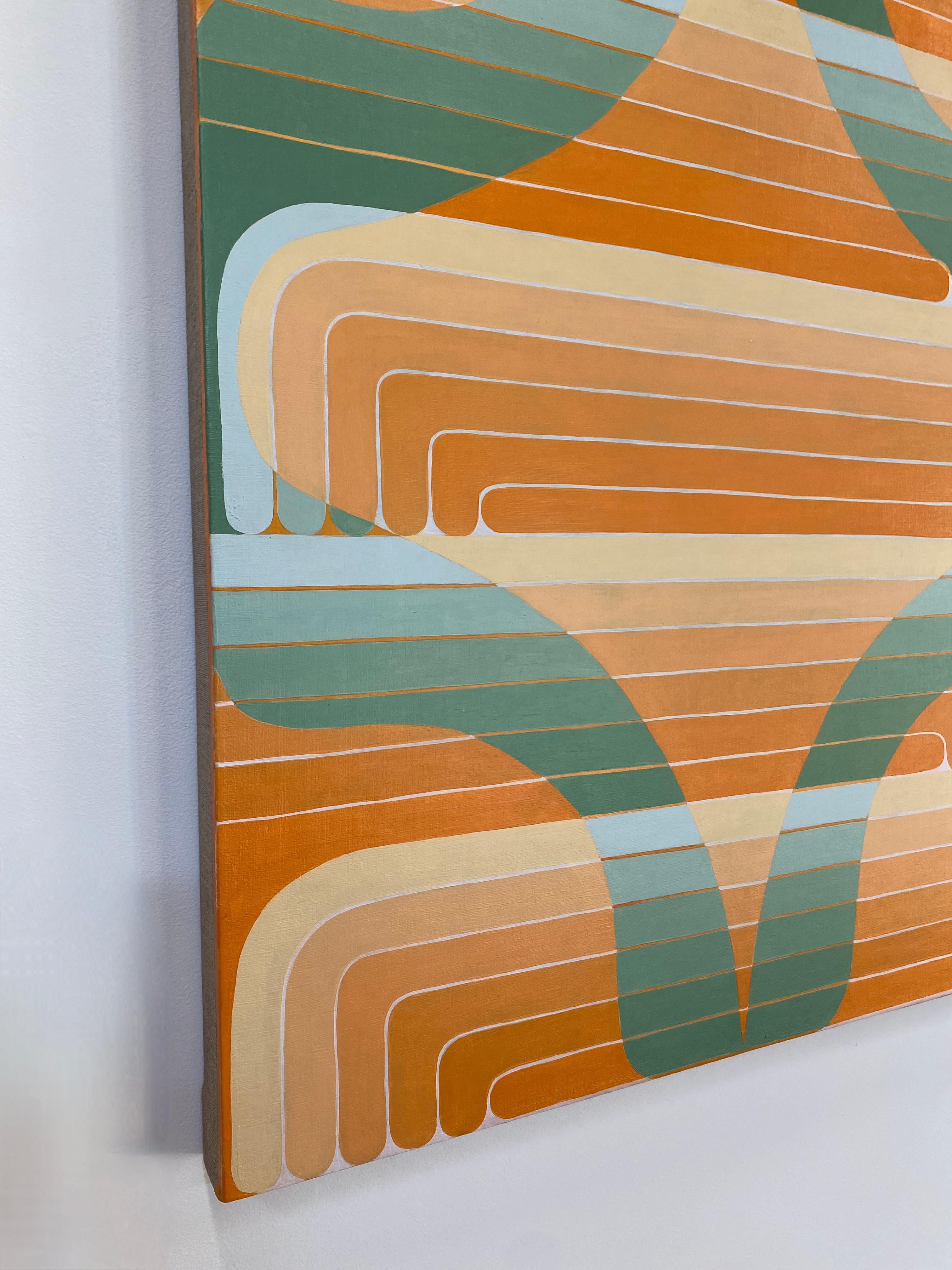Green Aster, Orange, Light Sage Green Curving Lines, Geometric Abstract For Sale 1