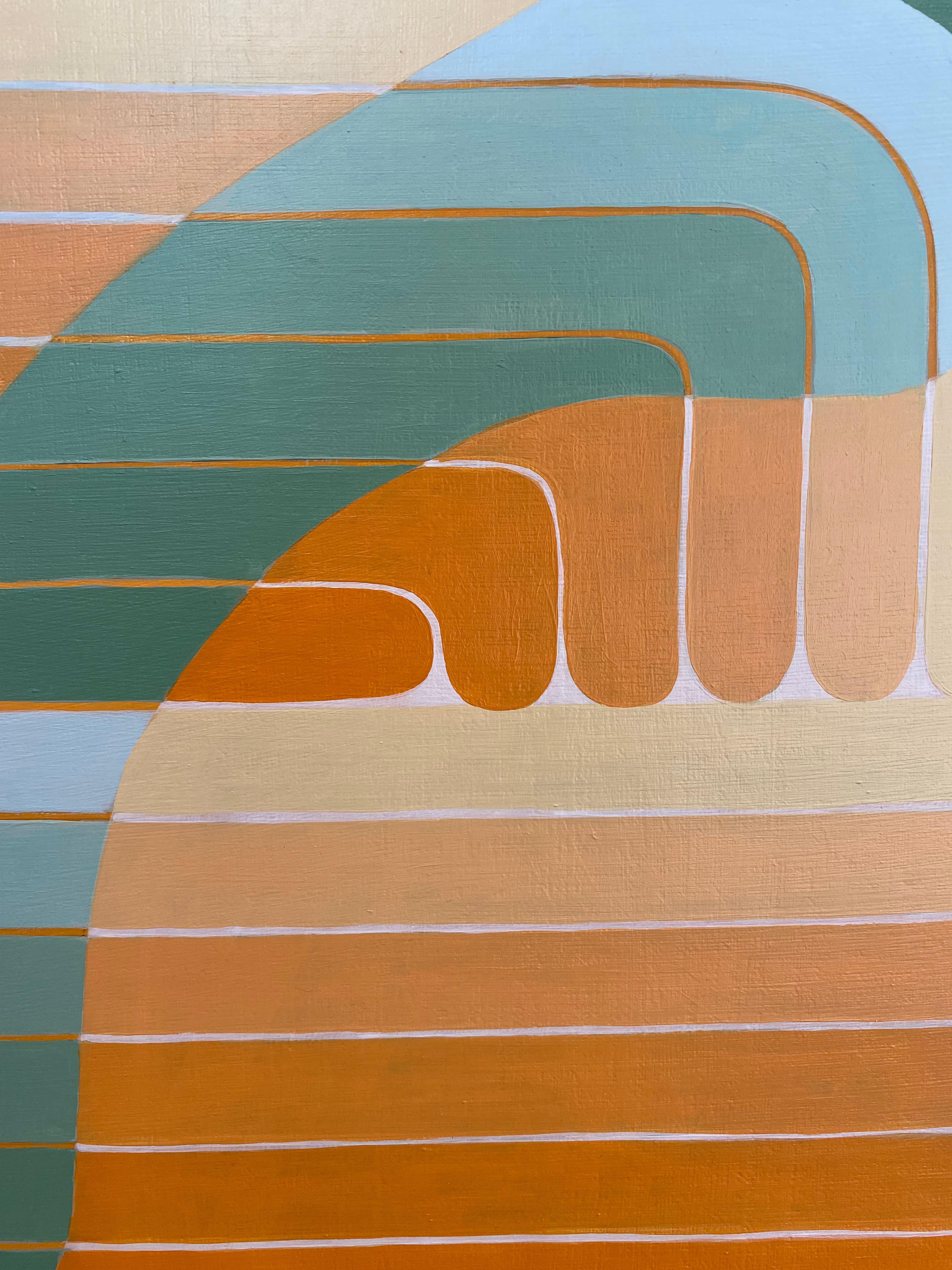 Green Aster, Orange, Light Sage Green Curving Lines, Geometric Abstract For Sale 4