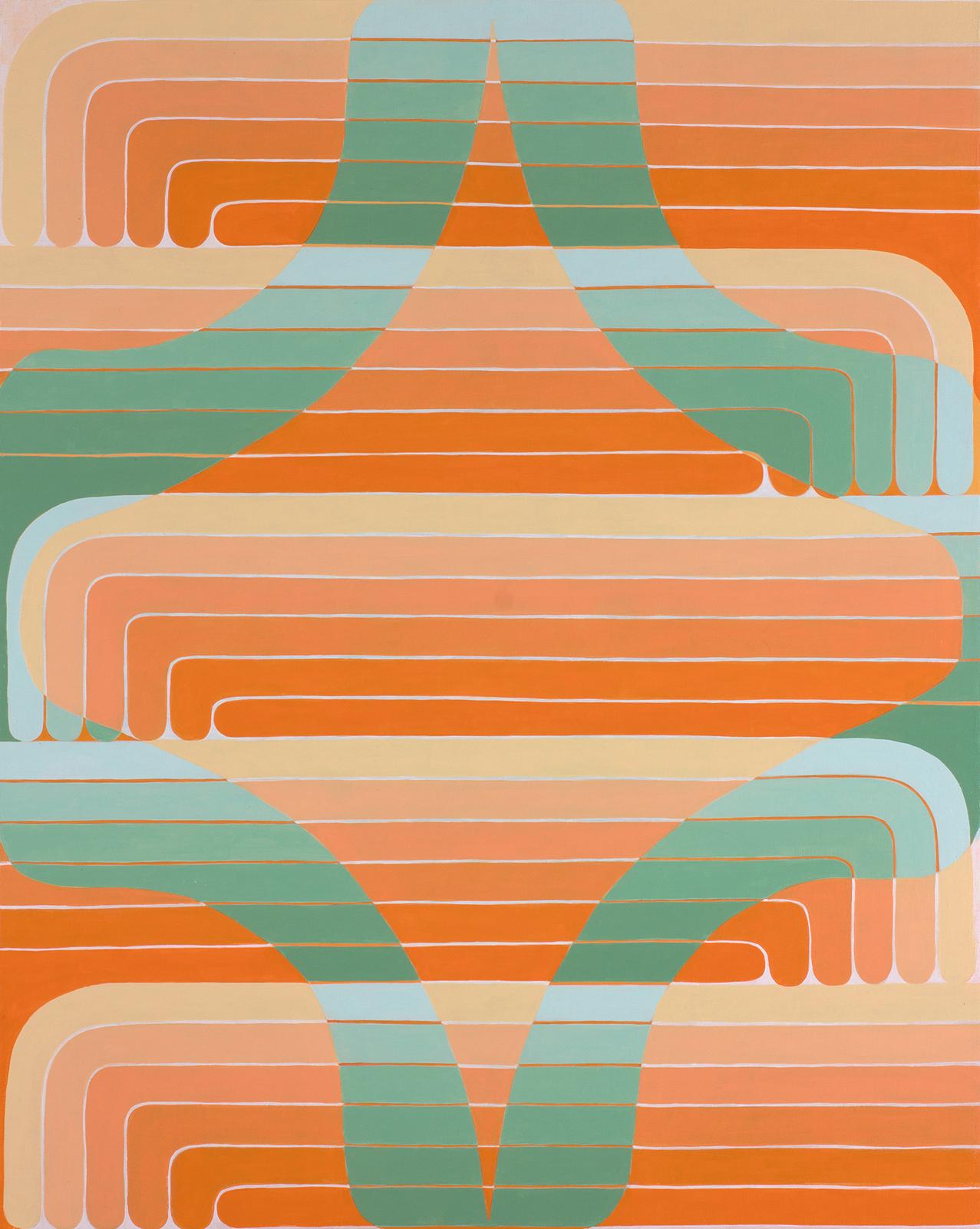 Jenny Kemp Abstract Painting - Green Aster, Orange, Light Sage Green Curving Lines, Geometric Abstract