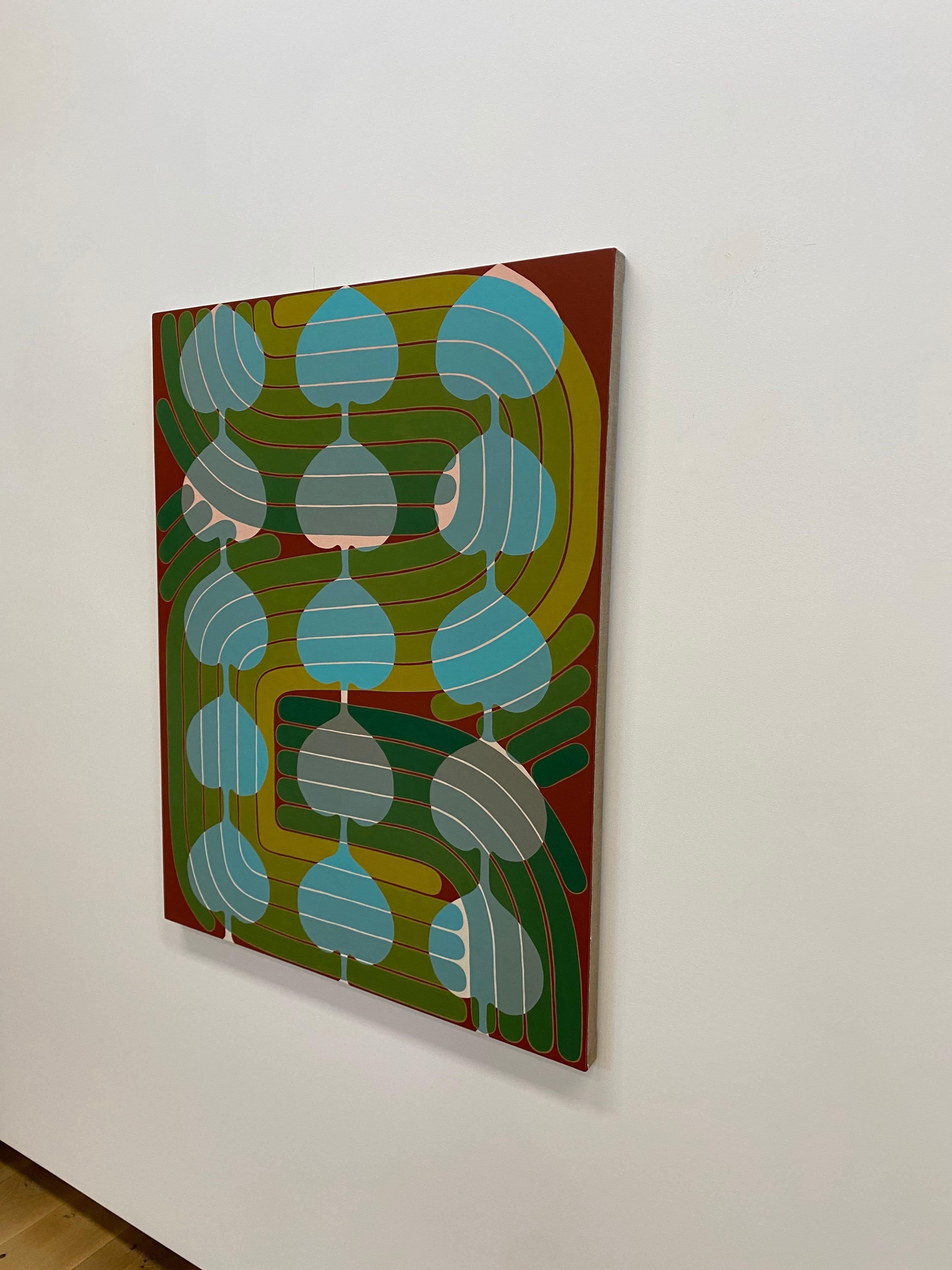 Heart Strings, Vertical Abstract Geometric Painting, Green, Pale Pink, Blue, Red 7