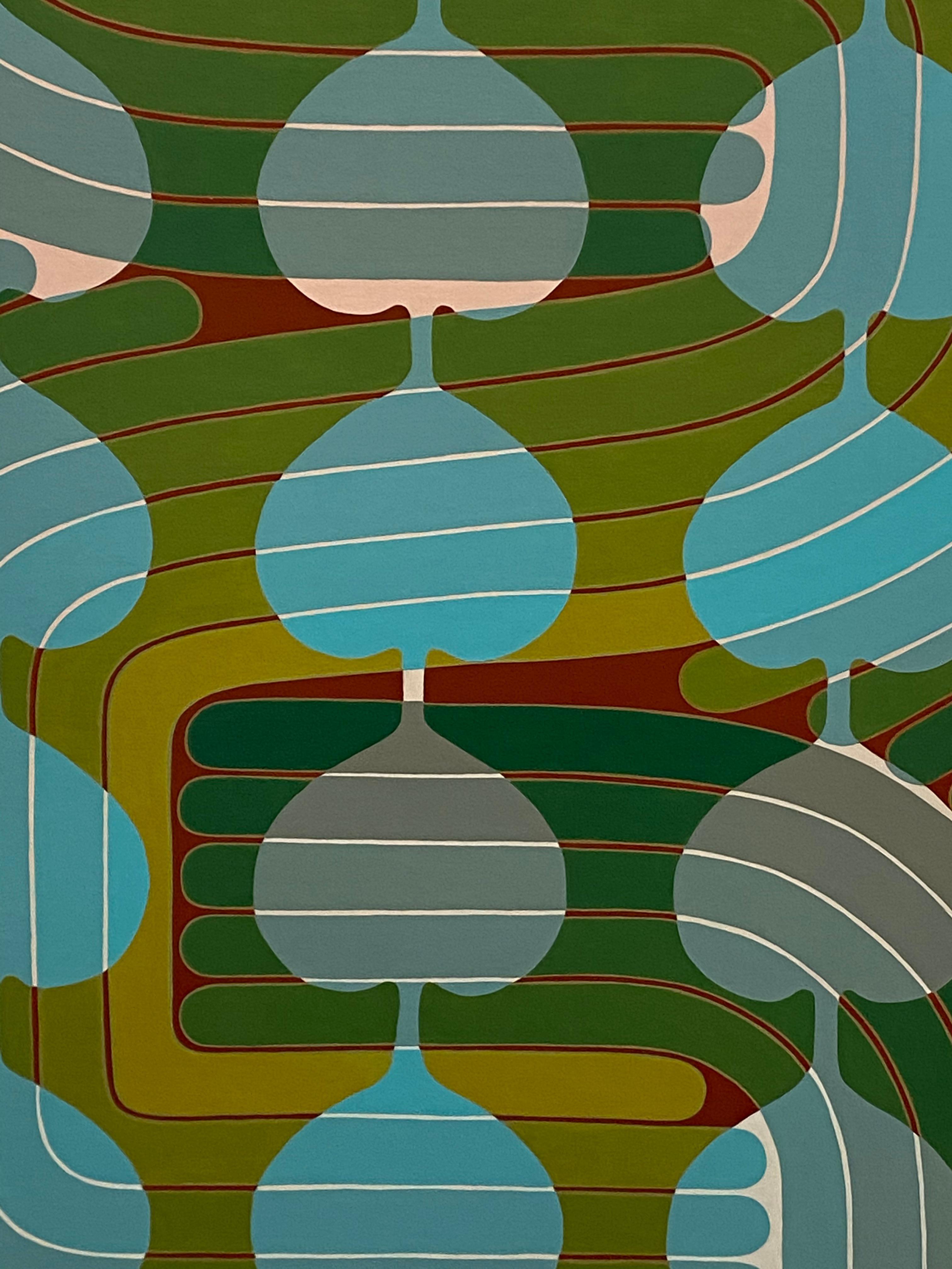 Heart Strings, Vertical Abstract Geometric Painting, Green, Pale Pink, Blue, Red - Brown Abstract Painting by Jenny Kemp
