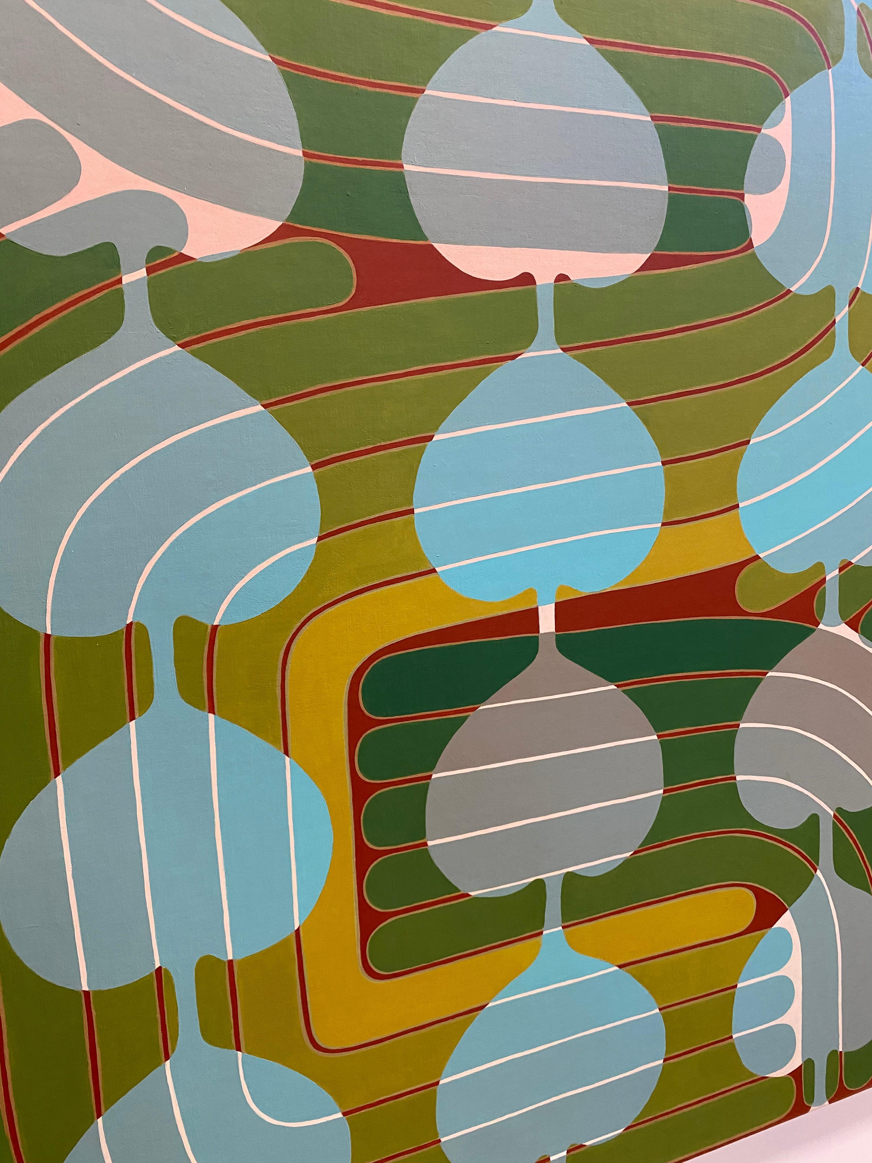 In this vertical painting in acrylic on linen mounted on panel, abstract geometric shapes composed of thick, rounded curving lines in green, greenish yellow and bright blue are layered over a light pink pattern of upside down hearts linked together