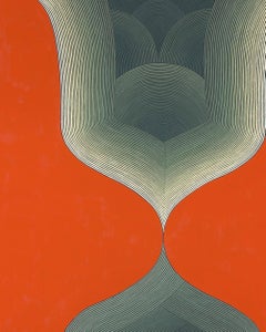 Hour Glass, Abstract Geometric Colorful Teal Gray Vibrating Lines on Solid Red