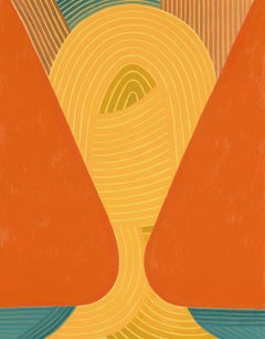 Keeper (Graphic Abstract Painting on Linen in Teal, Sienna and Warm Yellow)