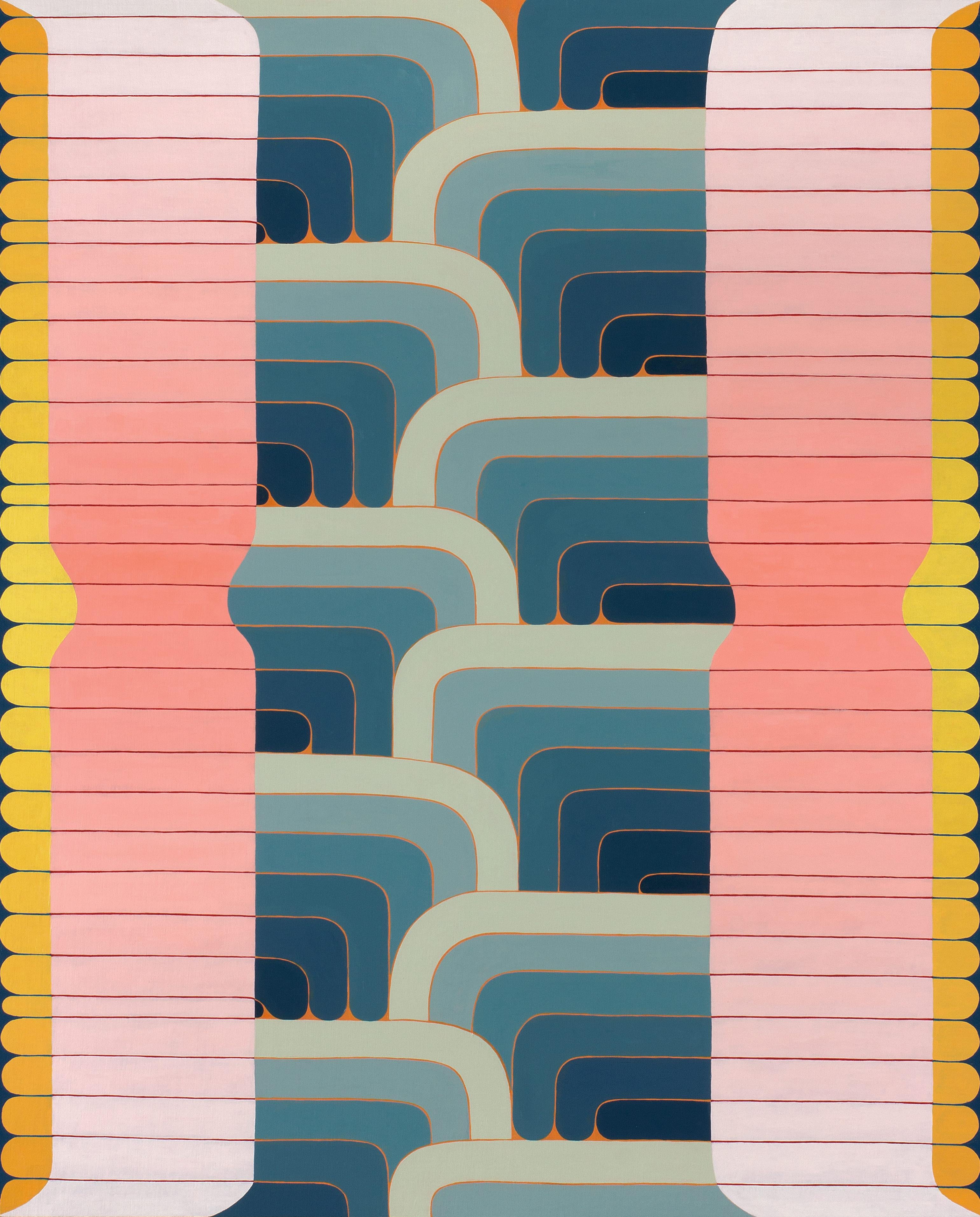 Abstract Painting Jenny Kemp - Midsection, rose, jaune doré, lignes courbes bleu indigo, abstrait géométrique