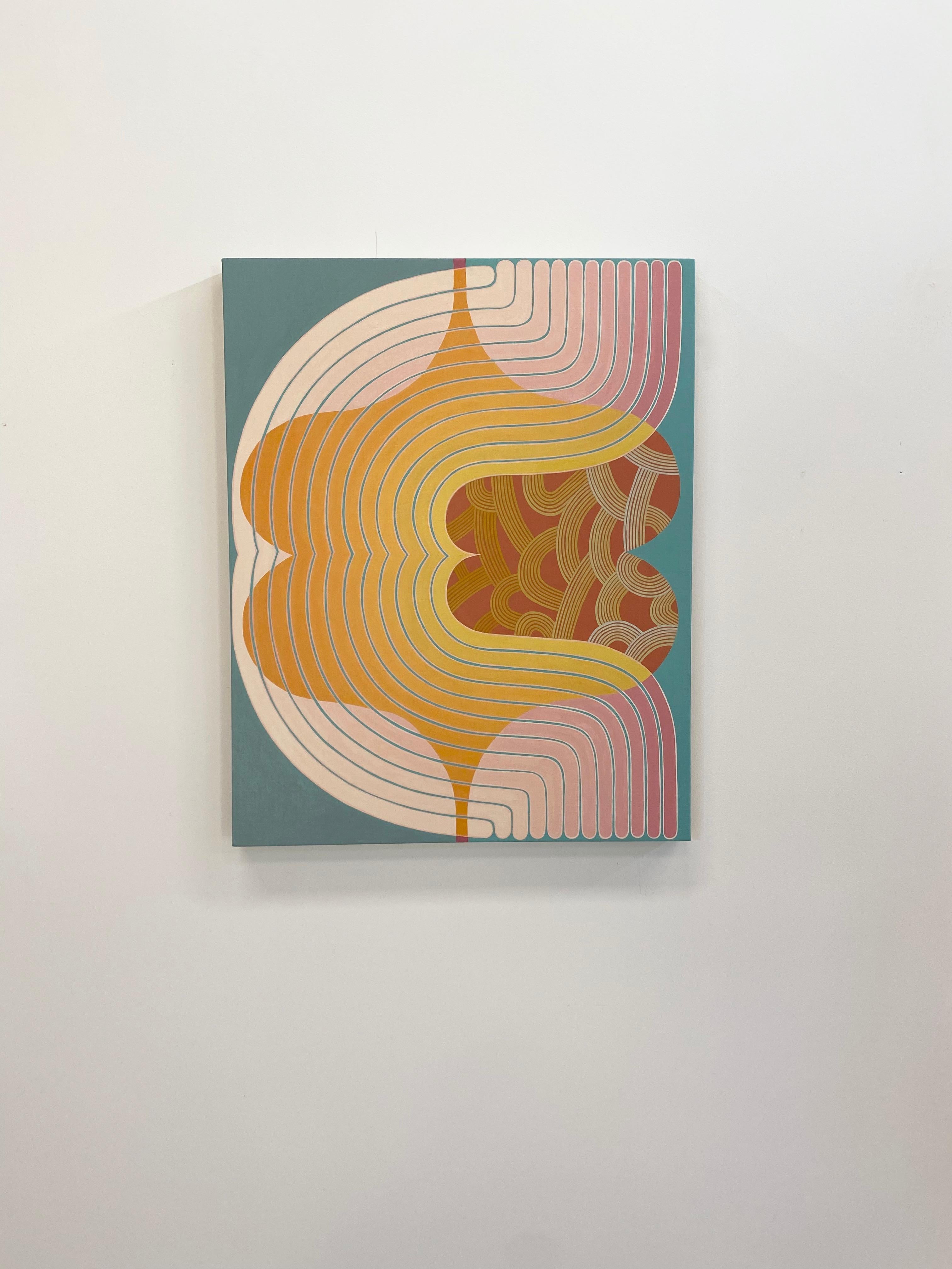 Sonics, Golden Orange, Pink, Teal, Dark Coral Geometric Abstract Curving Shapes - Painting by Jenny Kemp