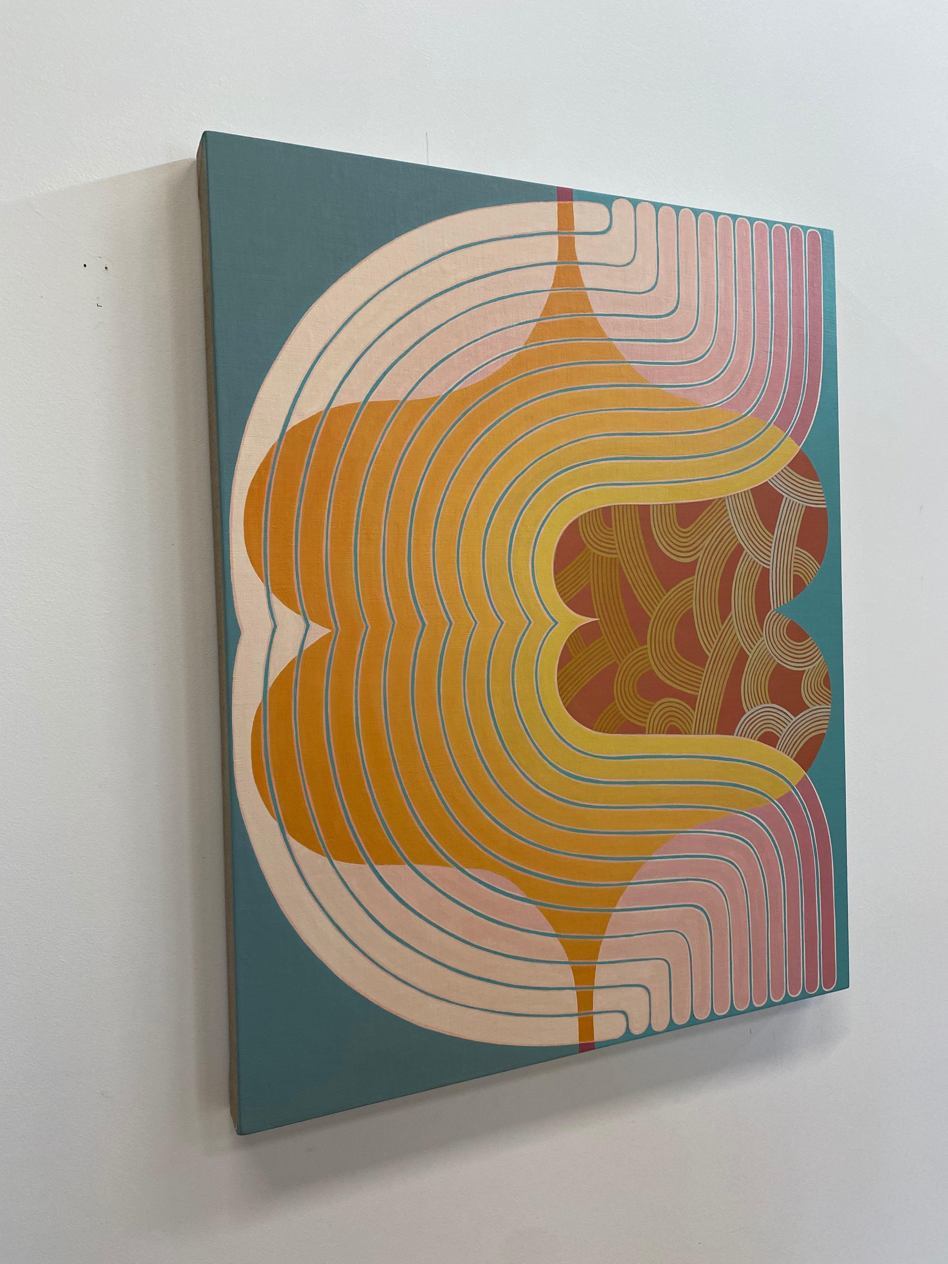 Sonics, Golden Orange, Pink, Teal, Dark Coral Geometric Abstract Curving Shapes - Contemporary Painting by Jenny Kemp