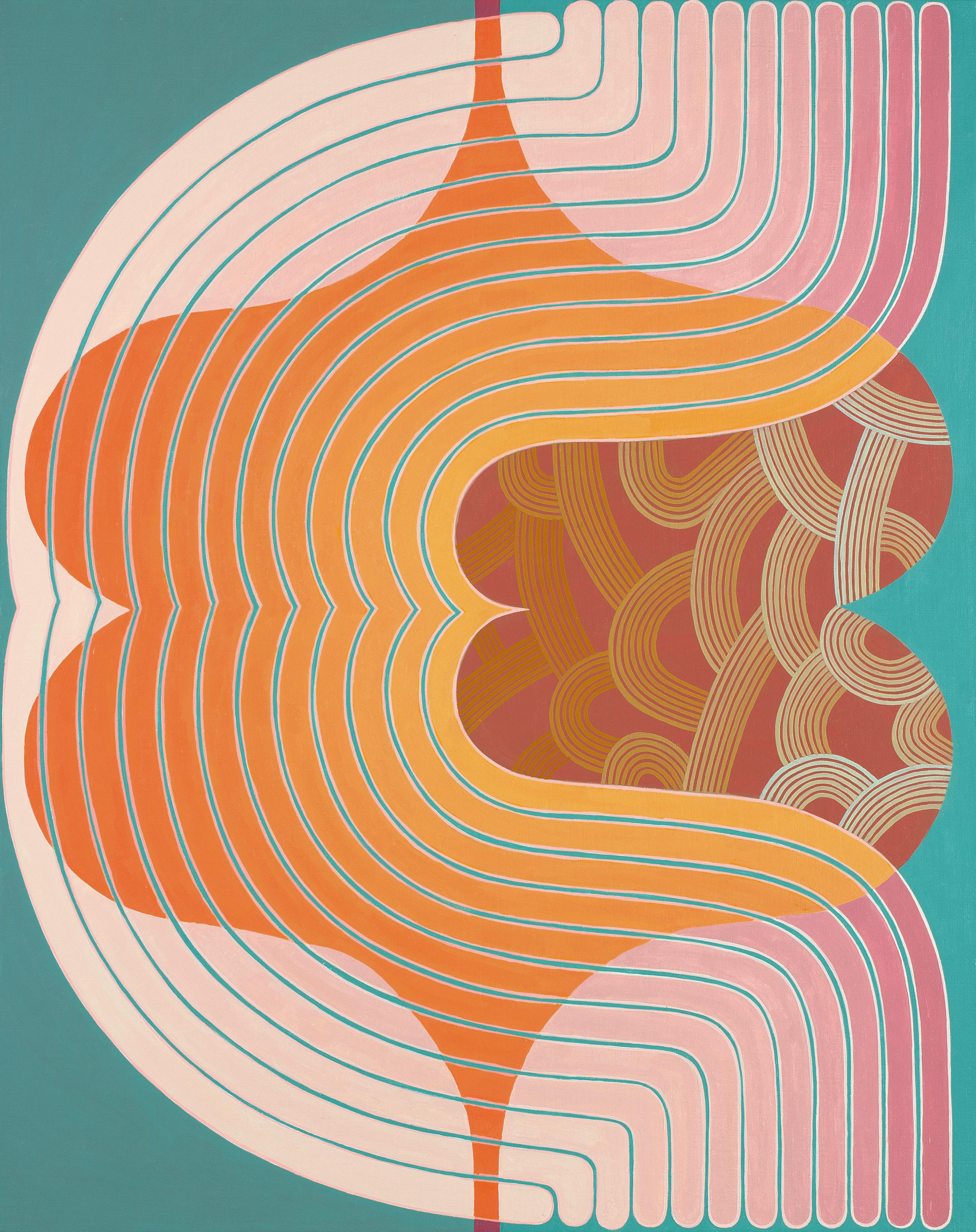 Jenny Kemp Abstract Painting - Sonics, Golden Orange, Pink, Teal, Dark Coral Geometric Abstract Curving Shapes