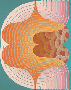 Sonics, Vertical Abstract Geometric Painting, Orange, Pink, Teal, Dark Coral