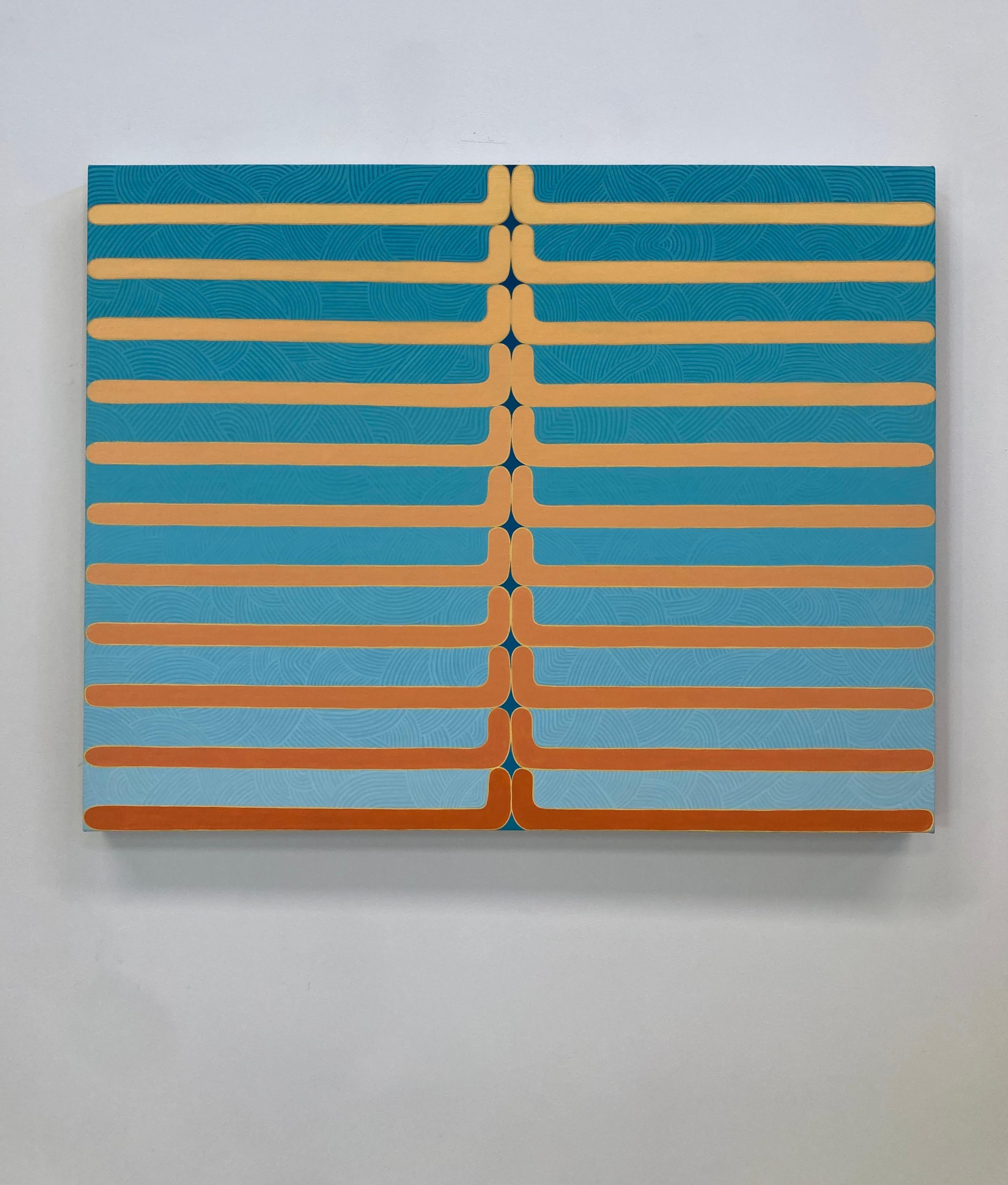 Geometric shapes compose a symmetrical pattern of curving horizontal stripes with edges rounded upward in the center in luminous, gradient shades of golden orange, coral and red orange, bright and luminous against a teal blue background with an