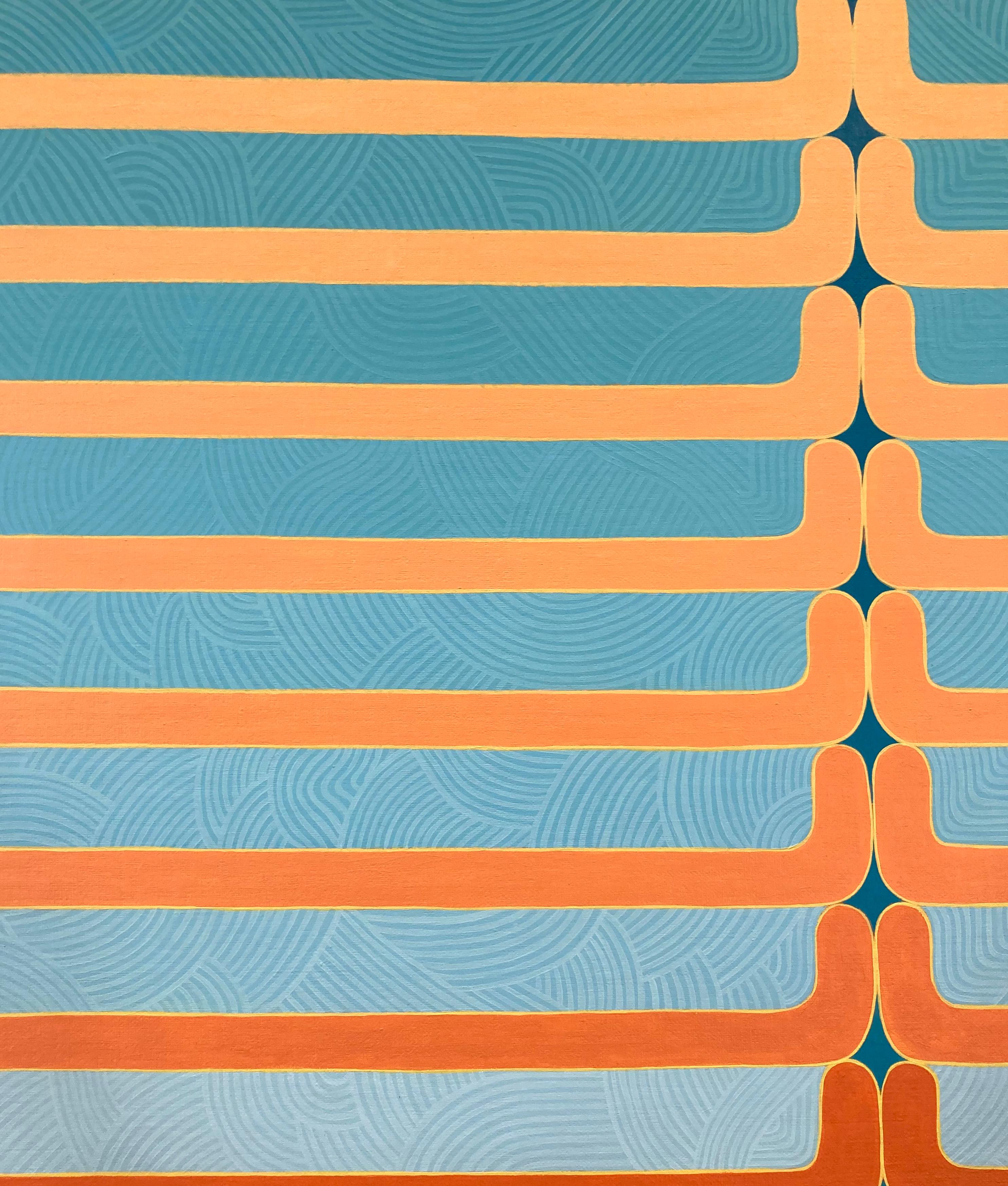 Sun Salutations, Blue Teal Orange Coral Peach Geometric Abstract Patterns For Sale 1