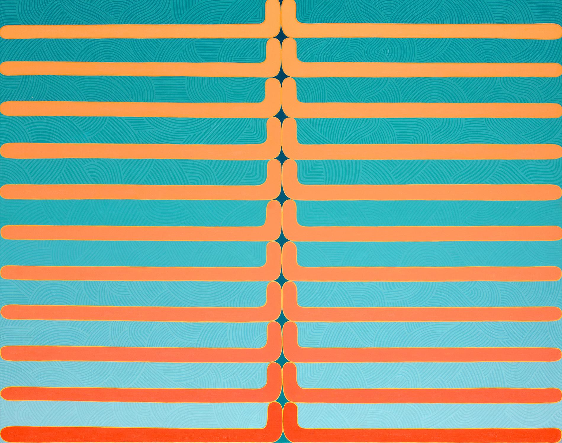 Jenny Kemp Abstract Painting - Sun Salutations, Blue Teal Orange Coral Peach Geometric Abstract Patterns