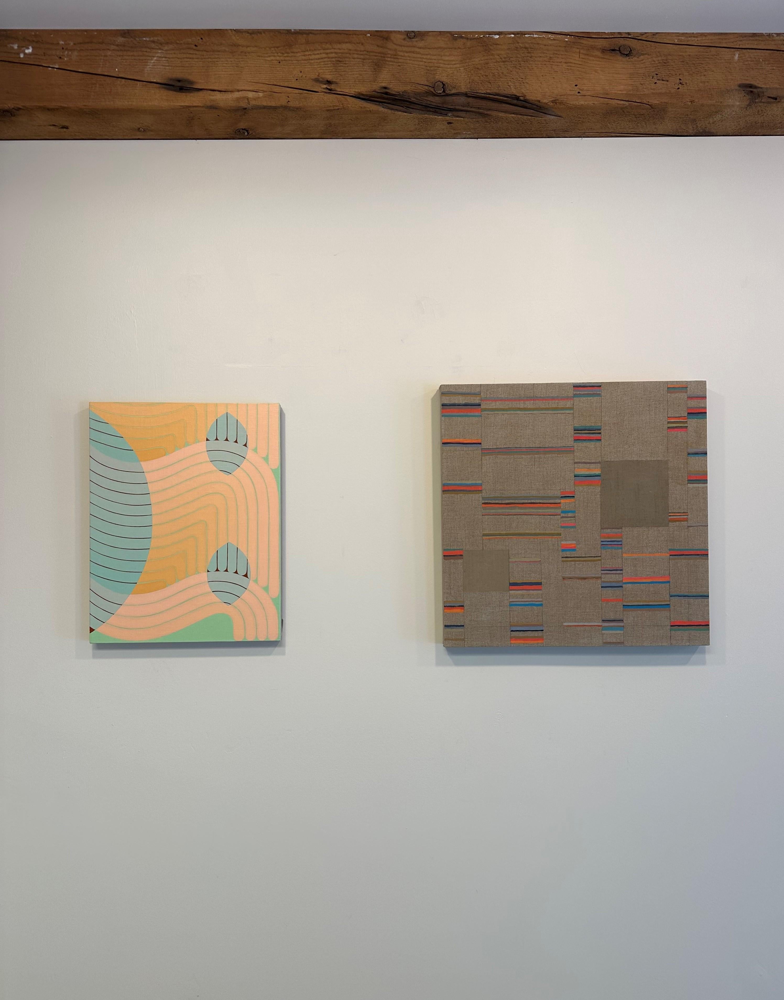 Tandem, Pfirsich, Mintblau, Hellgrünes geometrisches abstraktes Gemälde, geschwungene Linien im Angebot 8
