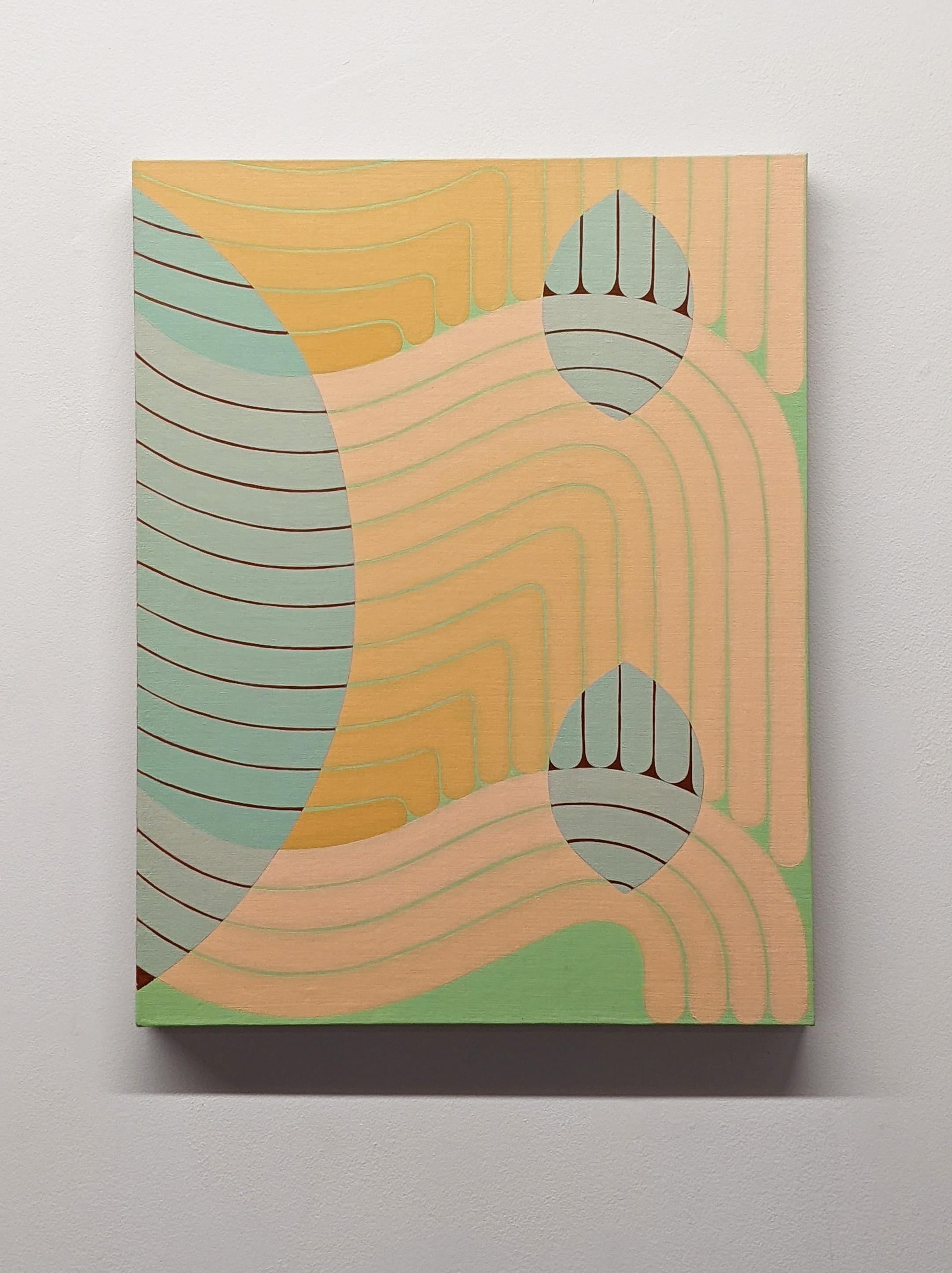 Tandem, Peach, Mint Blue, Light Green Geometric Abstract Painting, Curving Lines For Sale 1