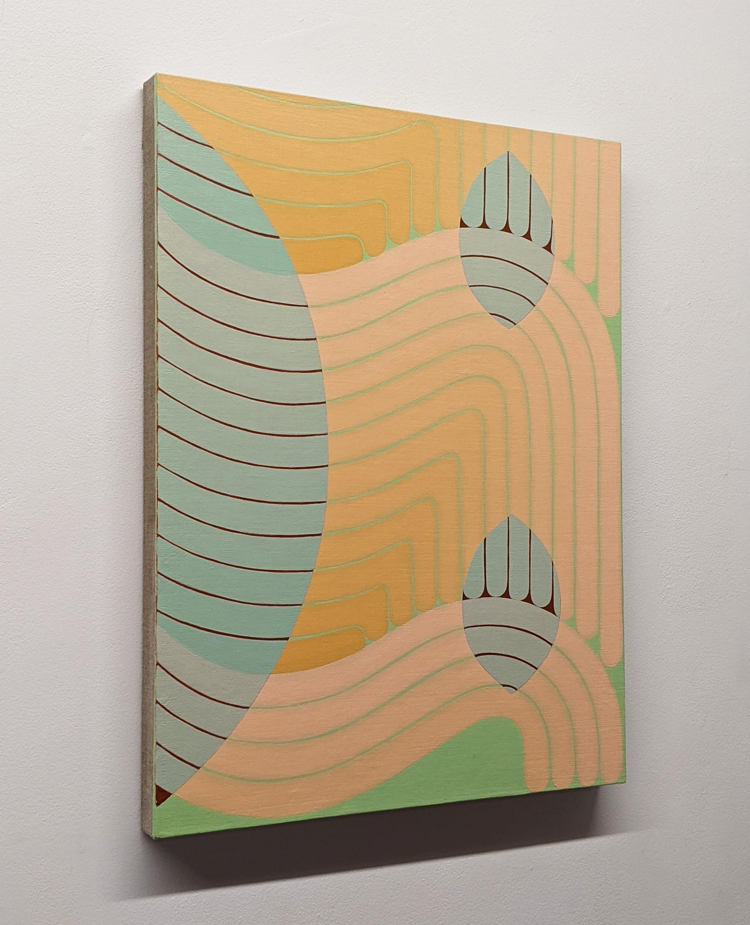 Tandem, Pfirsich, Mintblau, Hellgrünes geometrisches abstraktes Gemälde, geschwungene Linien (Zeitgenössisch), Painting, von Jenny Kemp