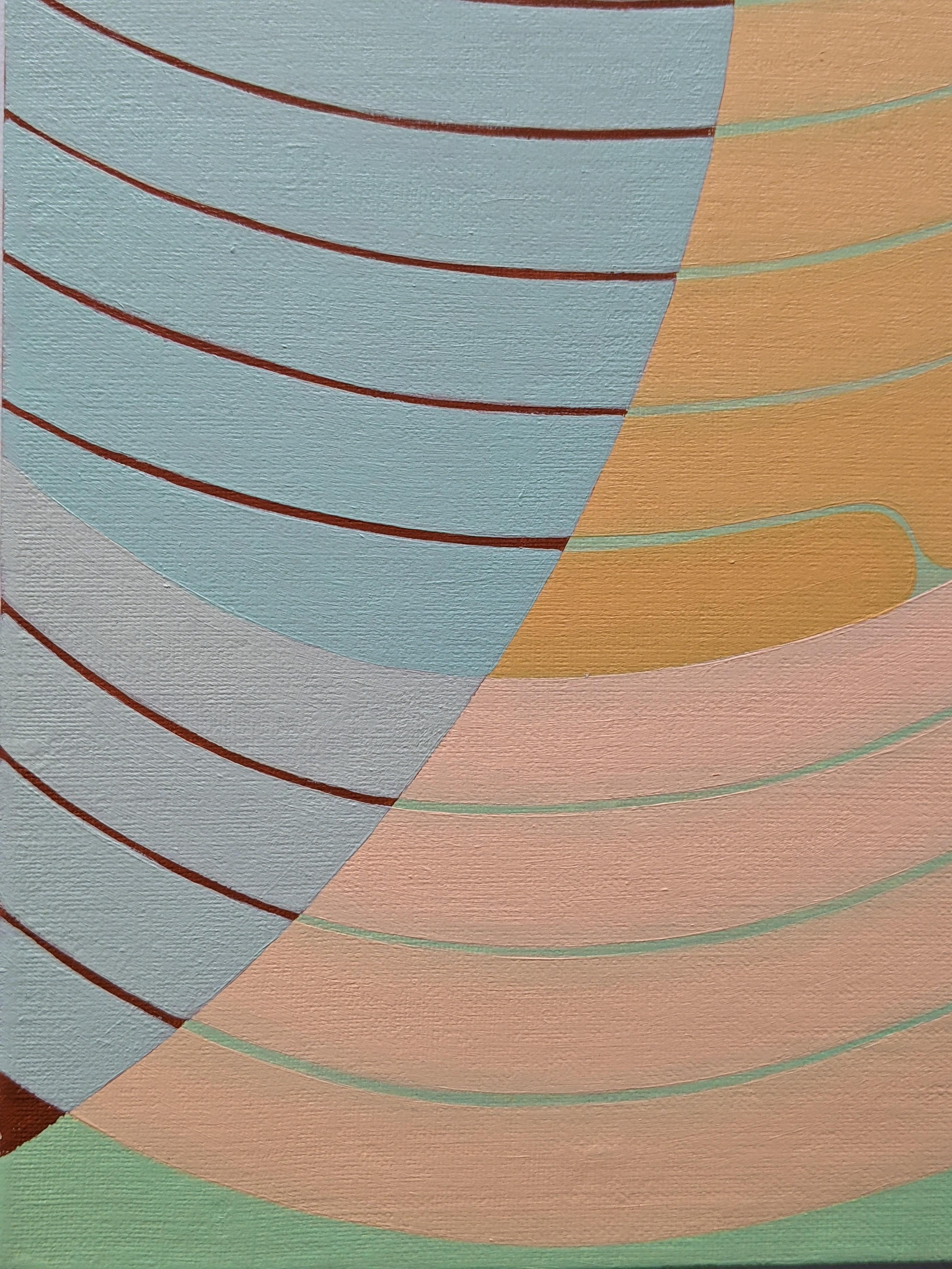 Tandem, Peach, Mint Blue, Light Green Geometric Abstract Painting, Curving Lines For Sale 4