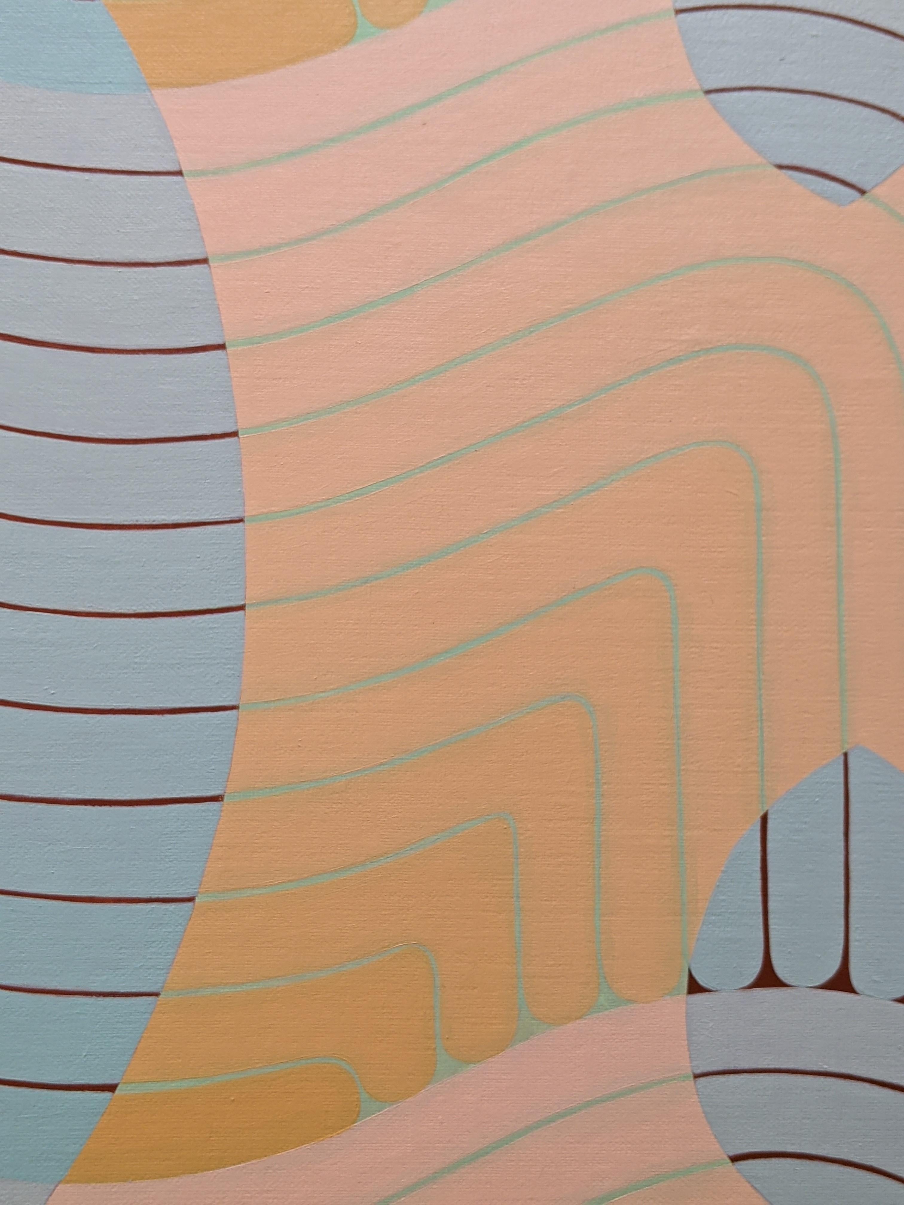 Tandem, Pfirsich, Mintblau, Hellgrünes geometrisches abstraktes Gemälde, geschwungene Linien im Angebot 3