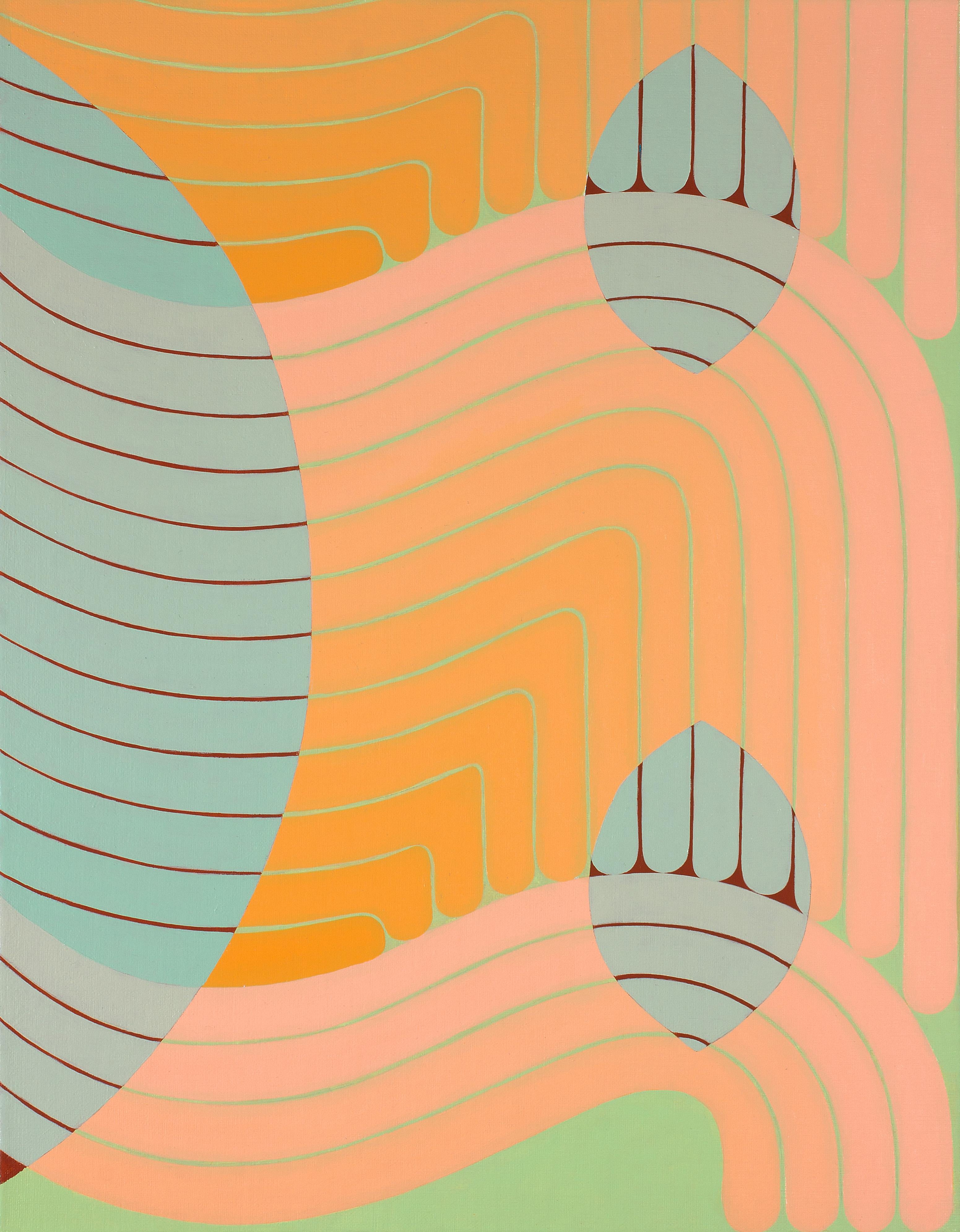 An abstract geometric pattern is composed of thick curving lines in peachy pink and pale pinkish orange, bright and luminous against a pale mint green background. A semicircle and two almond shapes in light blue outlined in thin, dark burgundy red