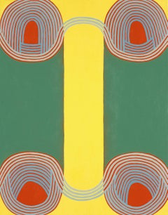 Twins (Graphic Abstract Painting on Linen in Green, Red and Yellow)
