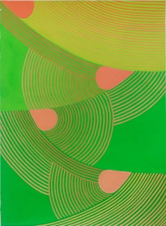 Untitled 3: Graphic Abstract Painting on Paper in Lime Green, Pear Green & Peach