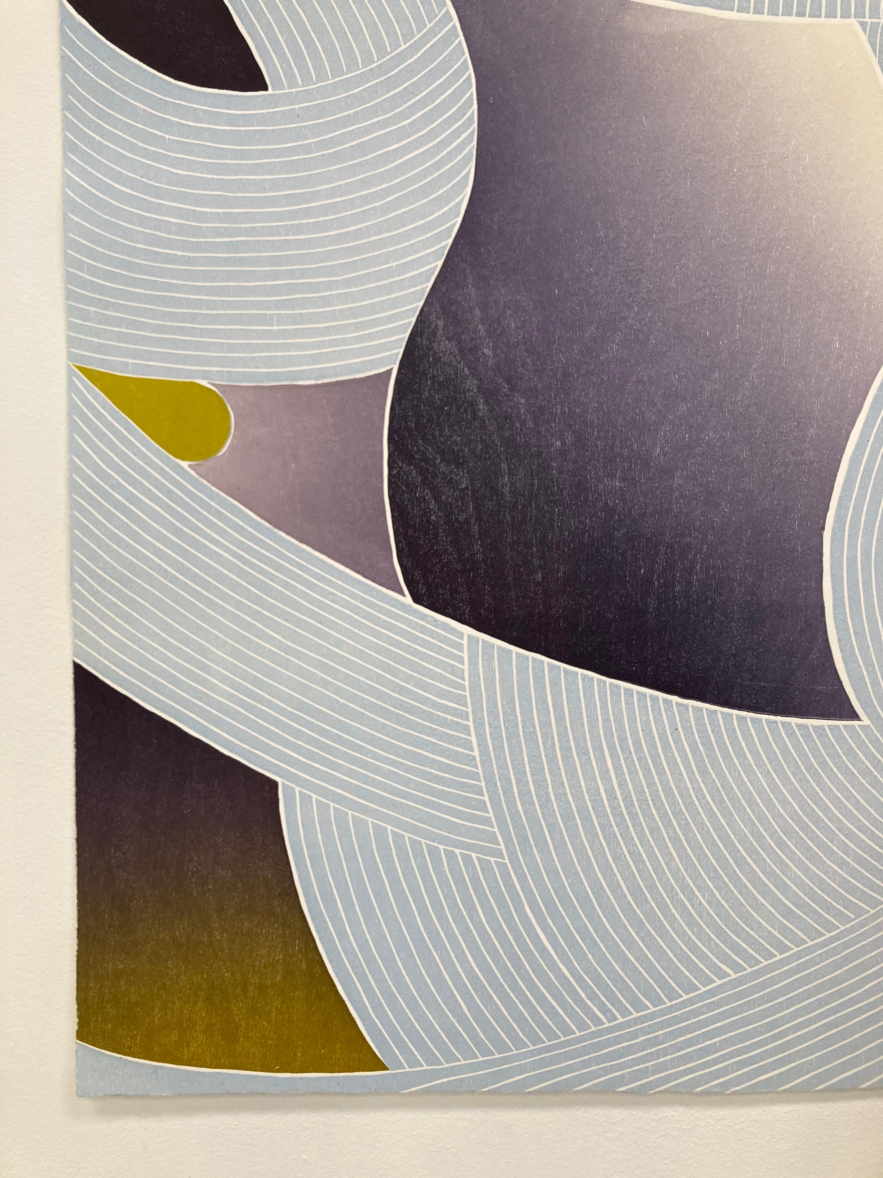 Night Thread, Dark Violet, Gray Blue, Olive Green Geometric Abstract Woodblock - Print by Jenny Kemp