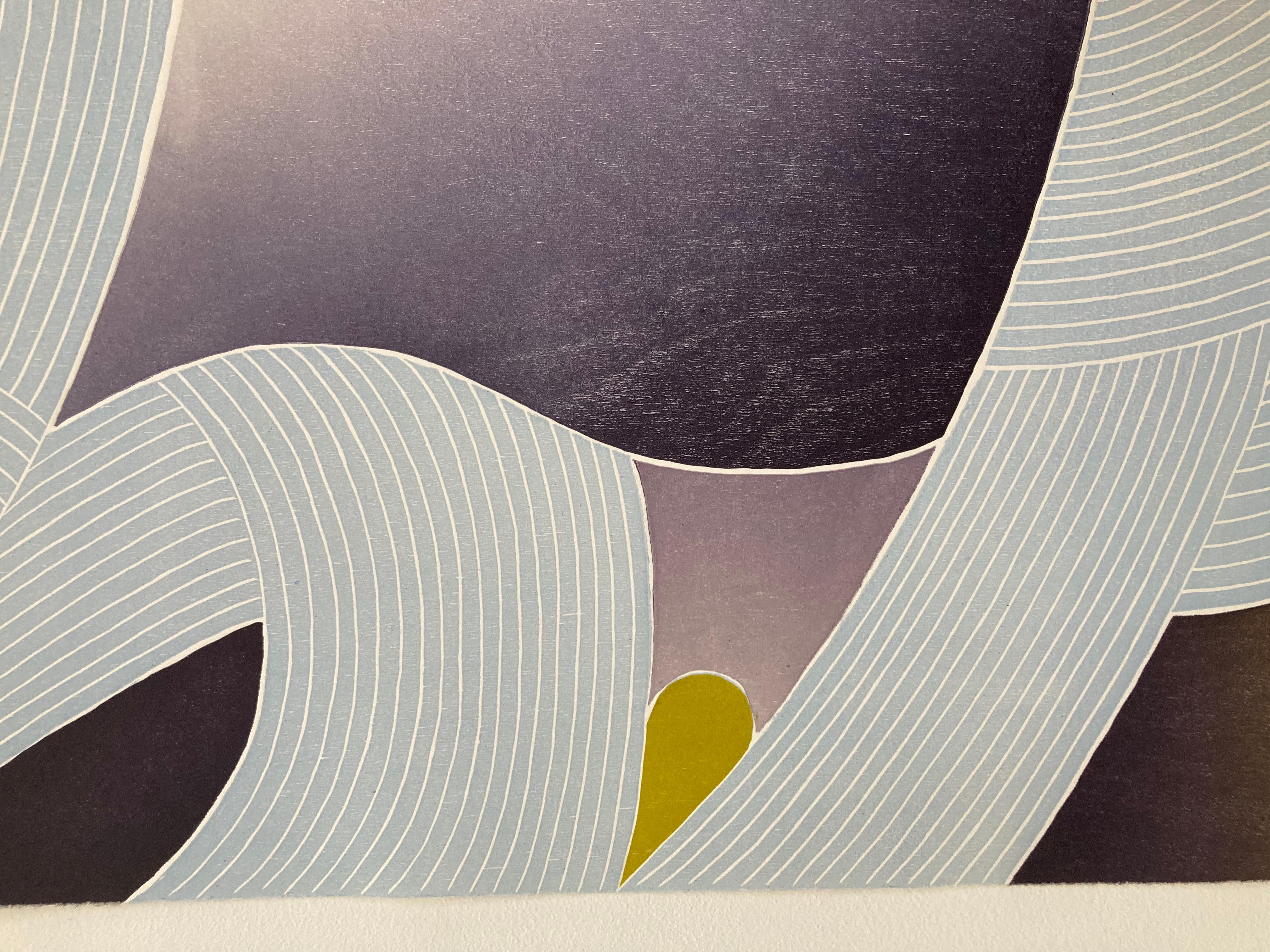 Night Thread, Dark Violet, Gray Blue, Olive Green Geometric Abstract Woodblock - Contemporary Print by Jenny Kemp