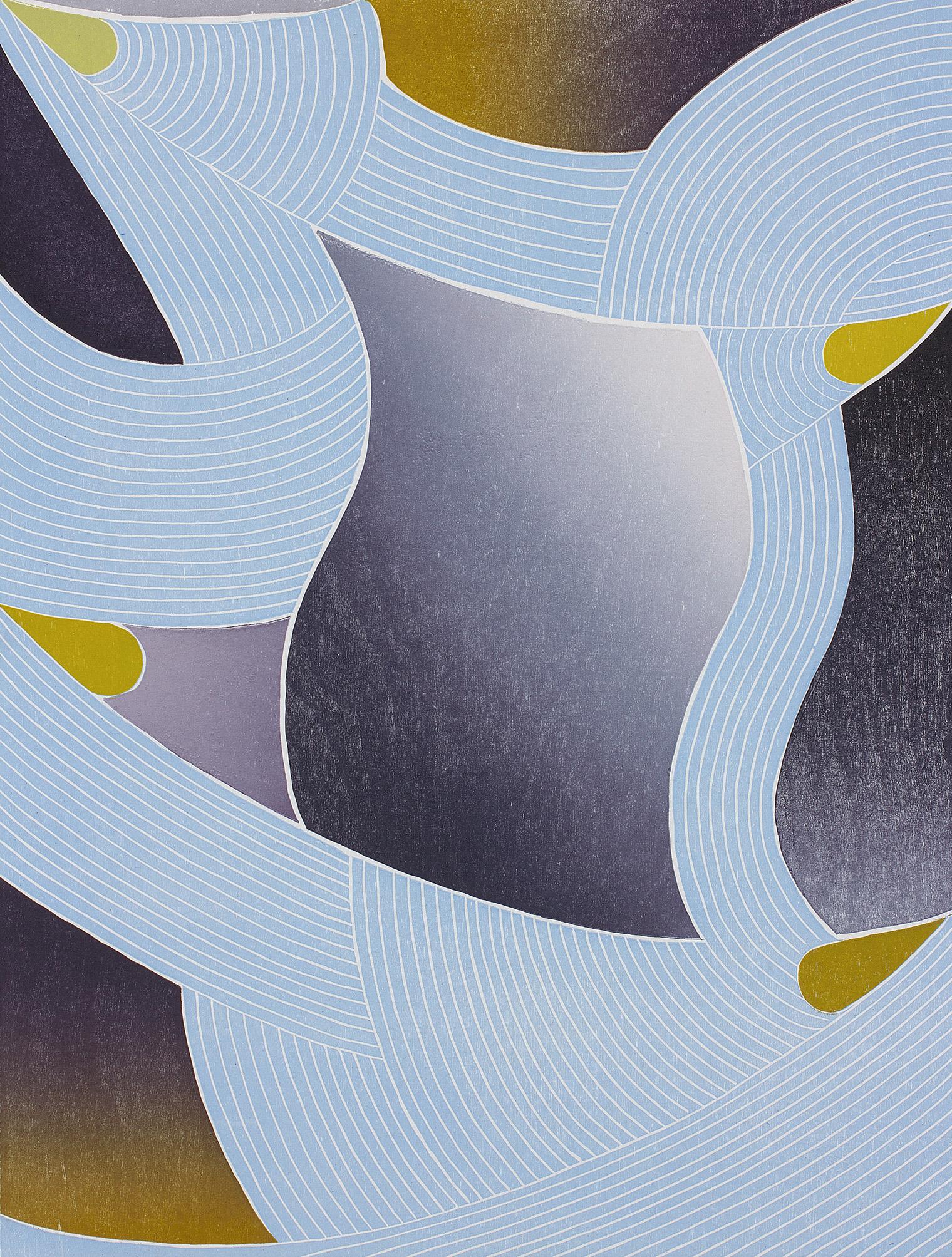 Night Thread, Geometric Abstract Woodblock Print, Violet, Blue, Olive Green