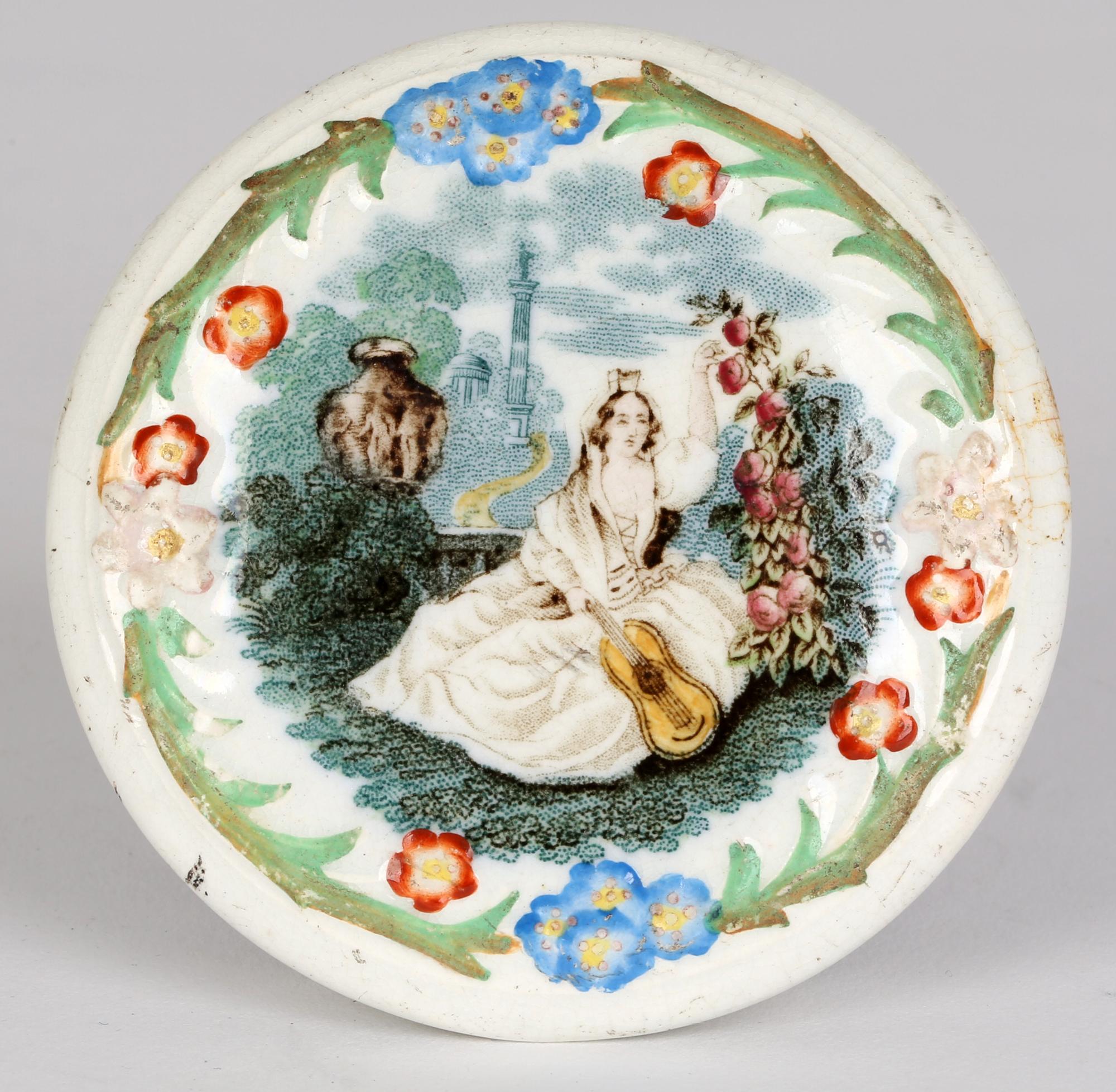 English Jenny Lind Rare Printed and Hand Painted Pot Lid Attributed to Ridgway For Sale