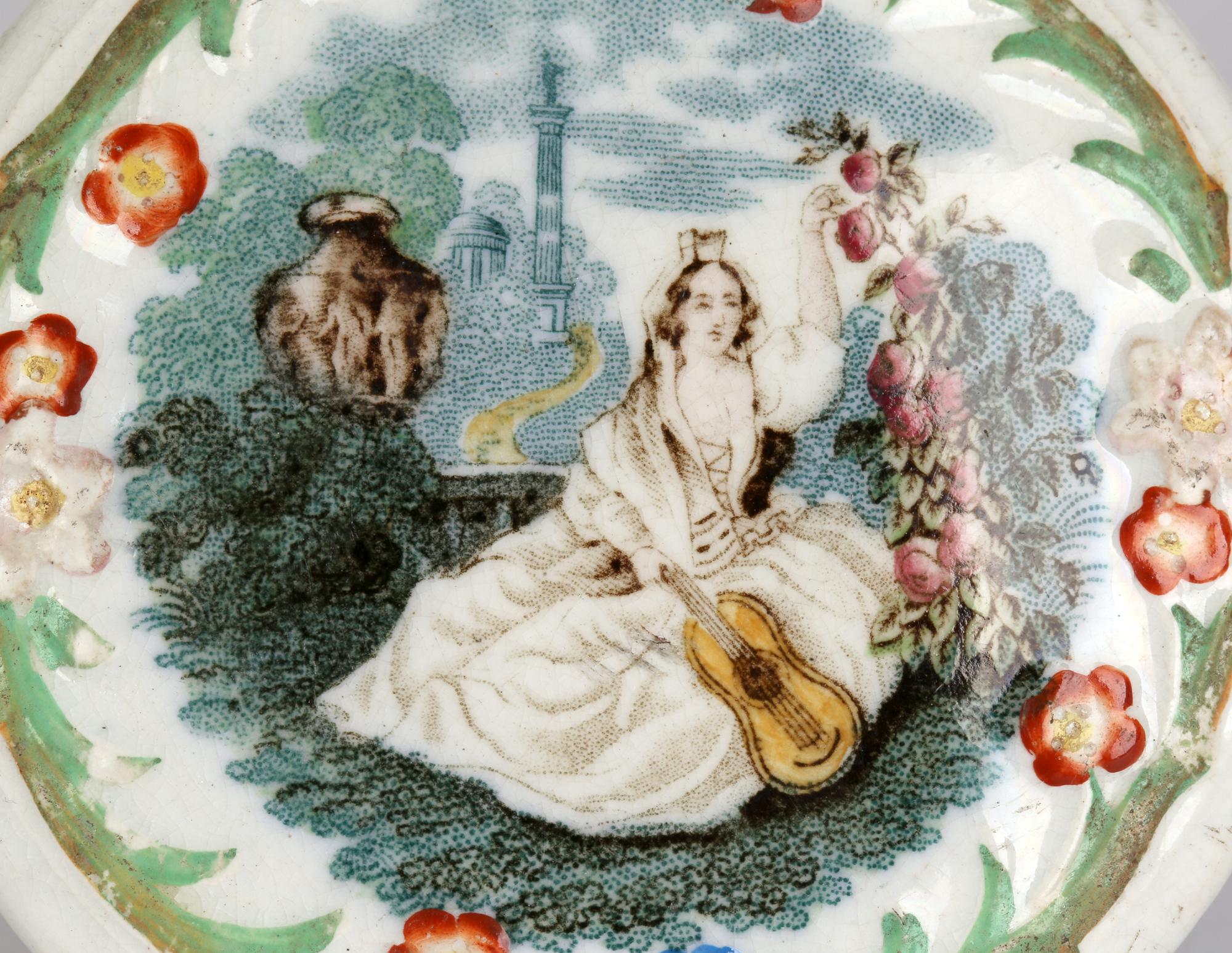 Pottery Jenny Lind Rare Printed and Hand Painted Pot Lid Attributed to Ridgway For Sale