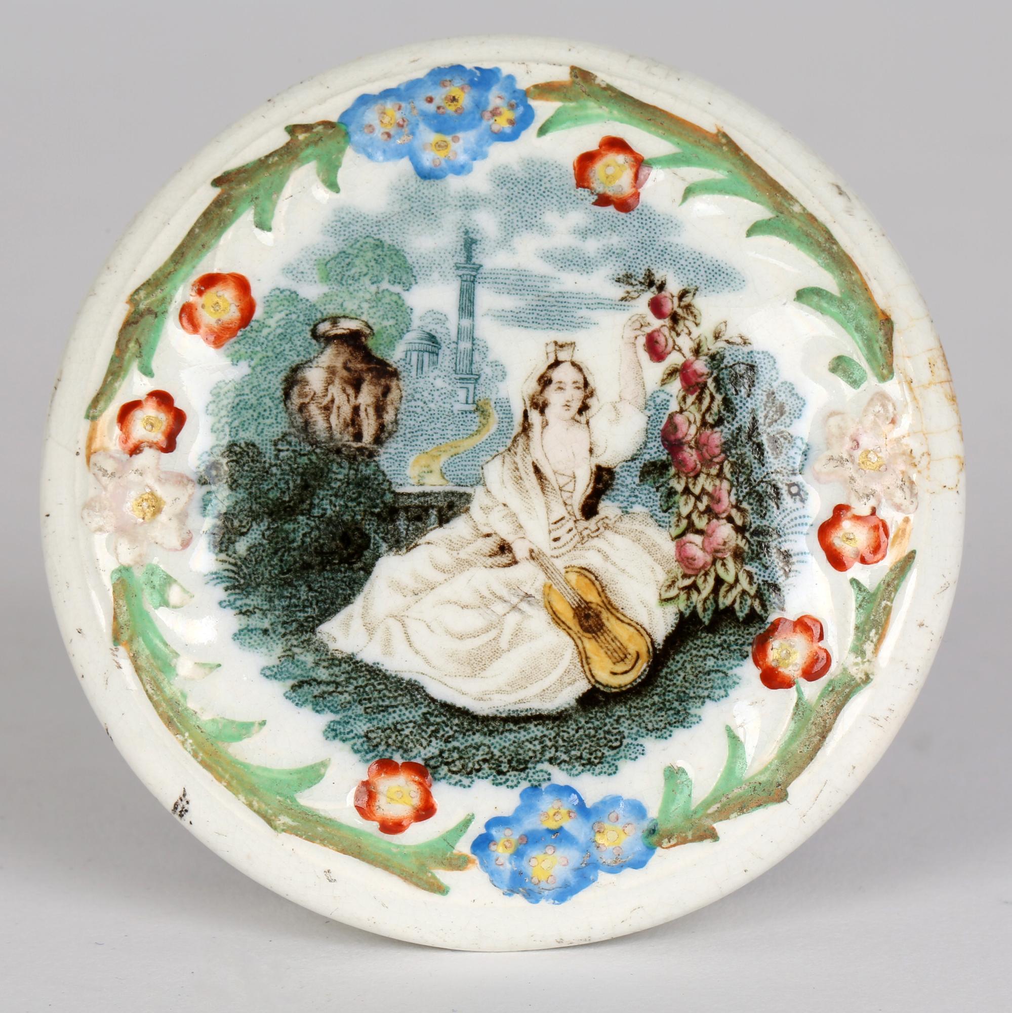 Jenny Lind Rare Printed and Hand Painted Pot Lid Attributed to Ridgway For Sale 1