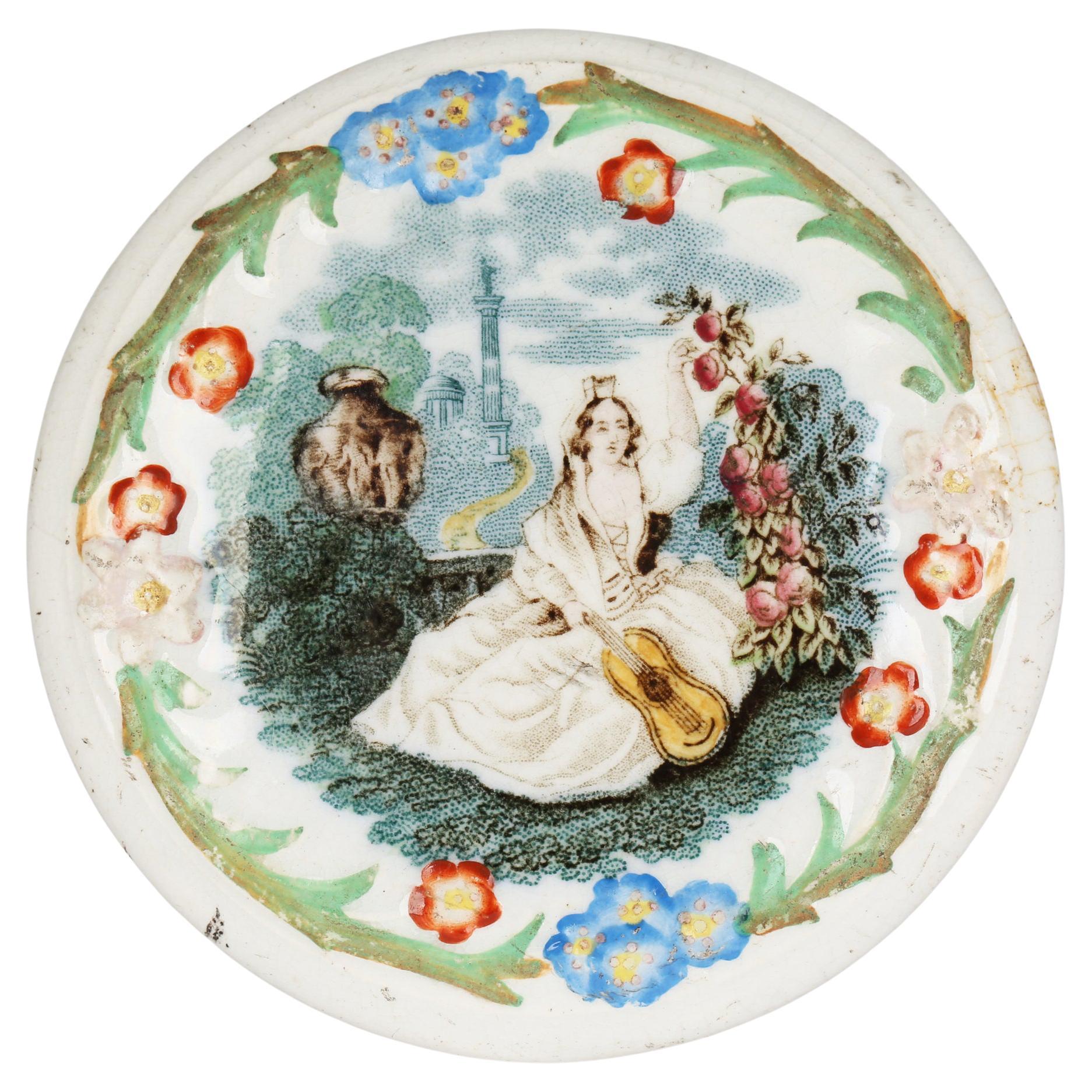 Jenny Lind Rare Printed and Hand Painted Pot Lid Attributed to Ridgway For Sale