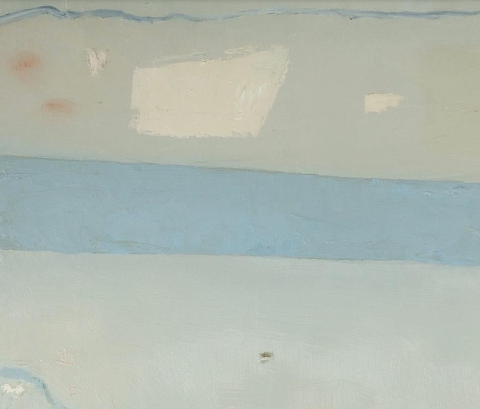 Ha llegado la primavera - Pintura al óleo abstracta minimalista en azul claro y gris en venta 2