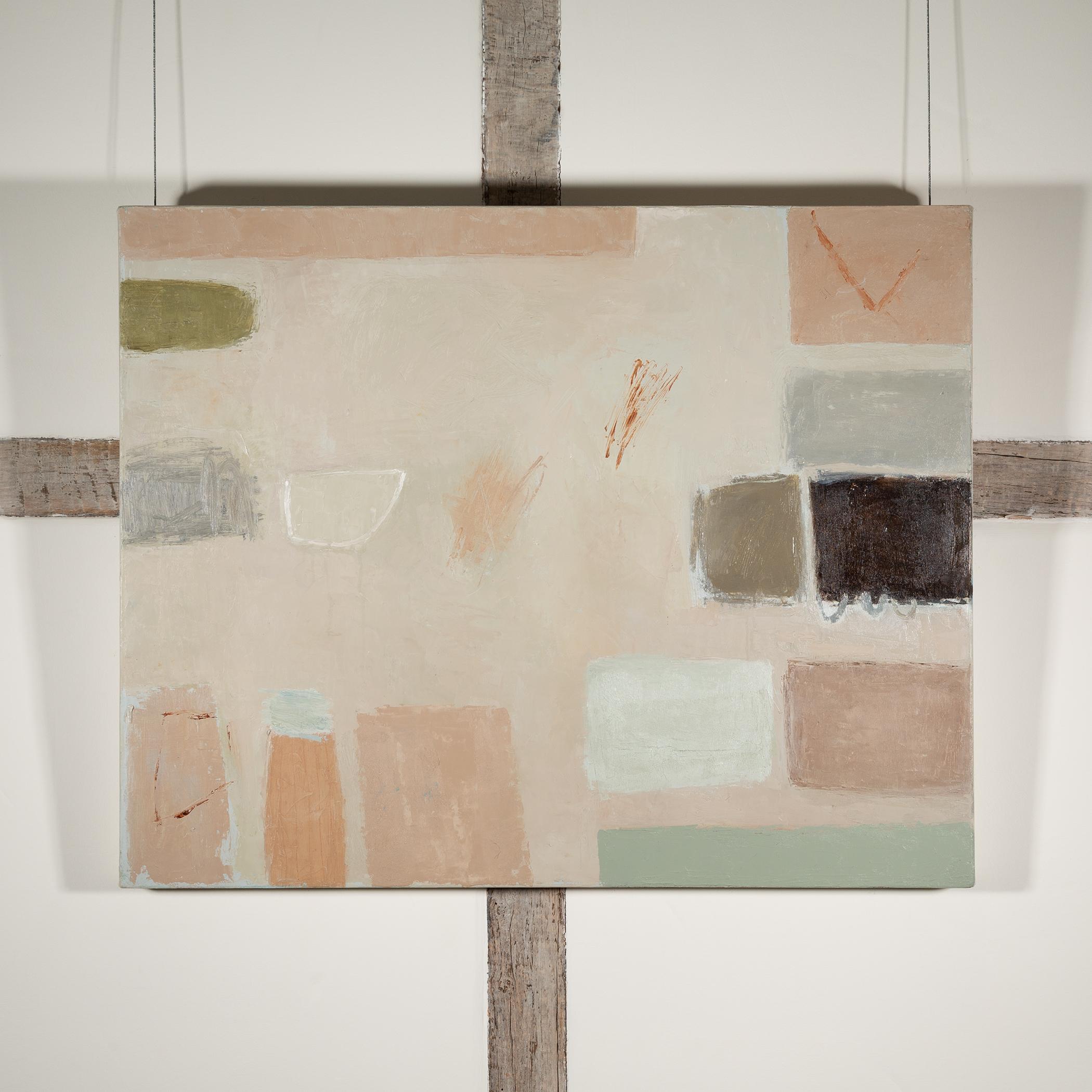 Tarde de domingo - Pintura abstracta minimalista al óleo sobre lienzo rosa + gris - Painting de Jenny Lock