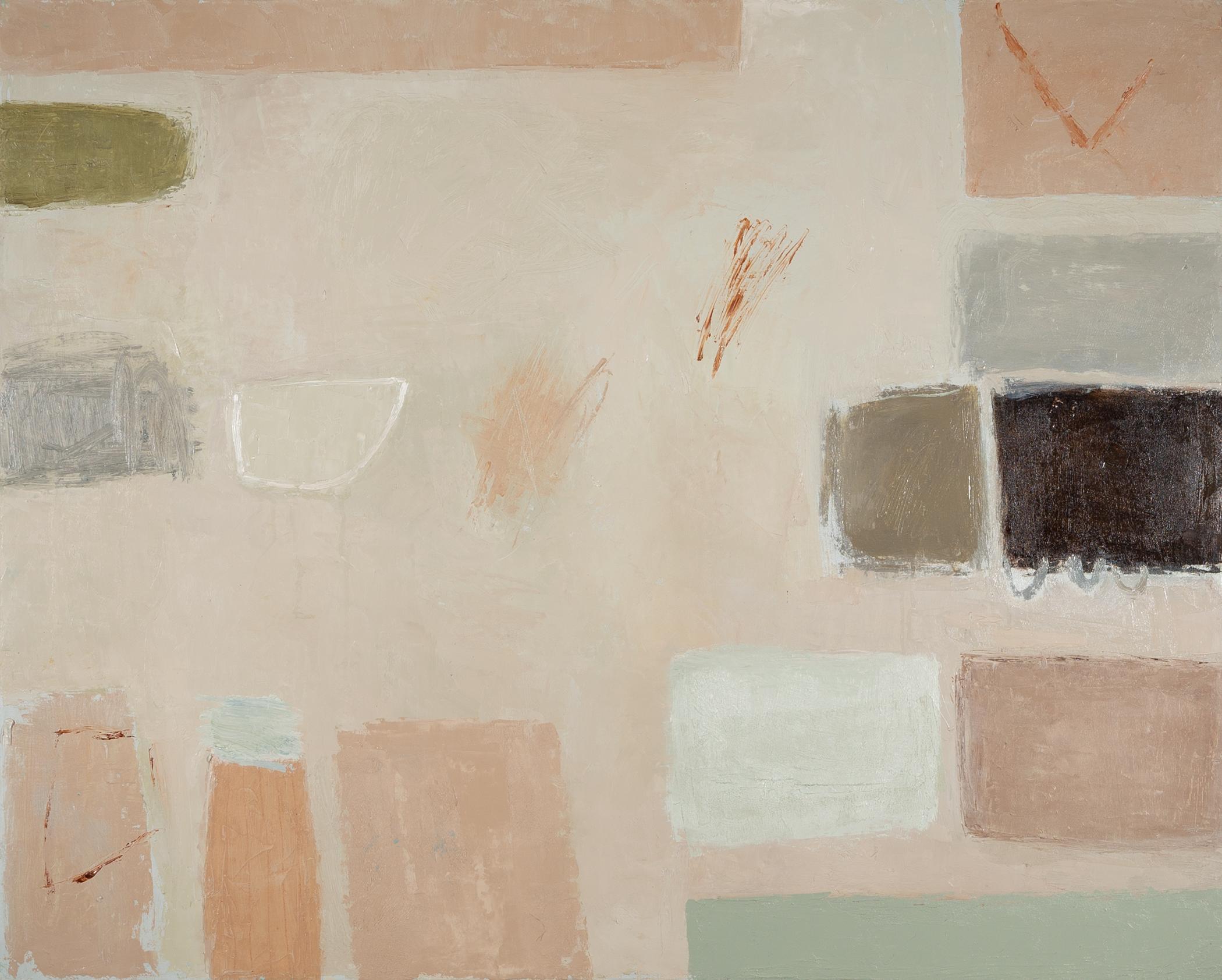 Abstract Painting de Jenny Lock - Tarde de domingo - Pintura abstracta minimalista al óleo sobre lienzo rosa + gris