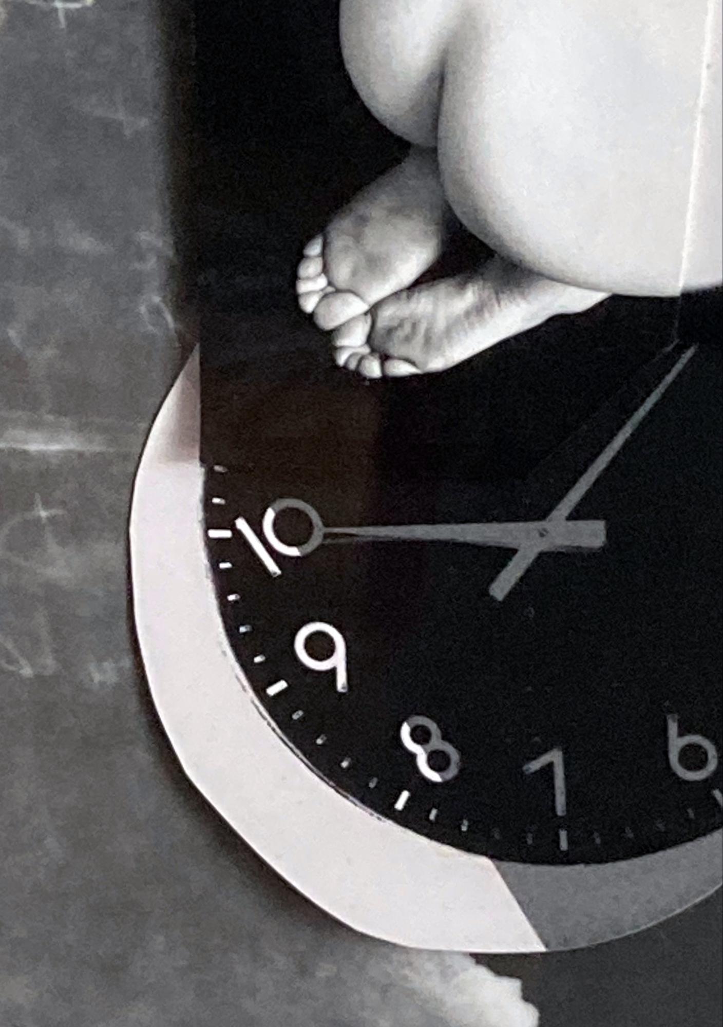 Doubleend: framed abstract black & white photo collage w/ nude, clock, clouds - Photograph by Jenny Lynn