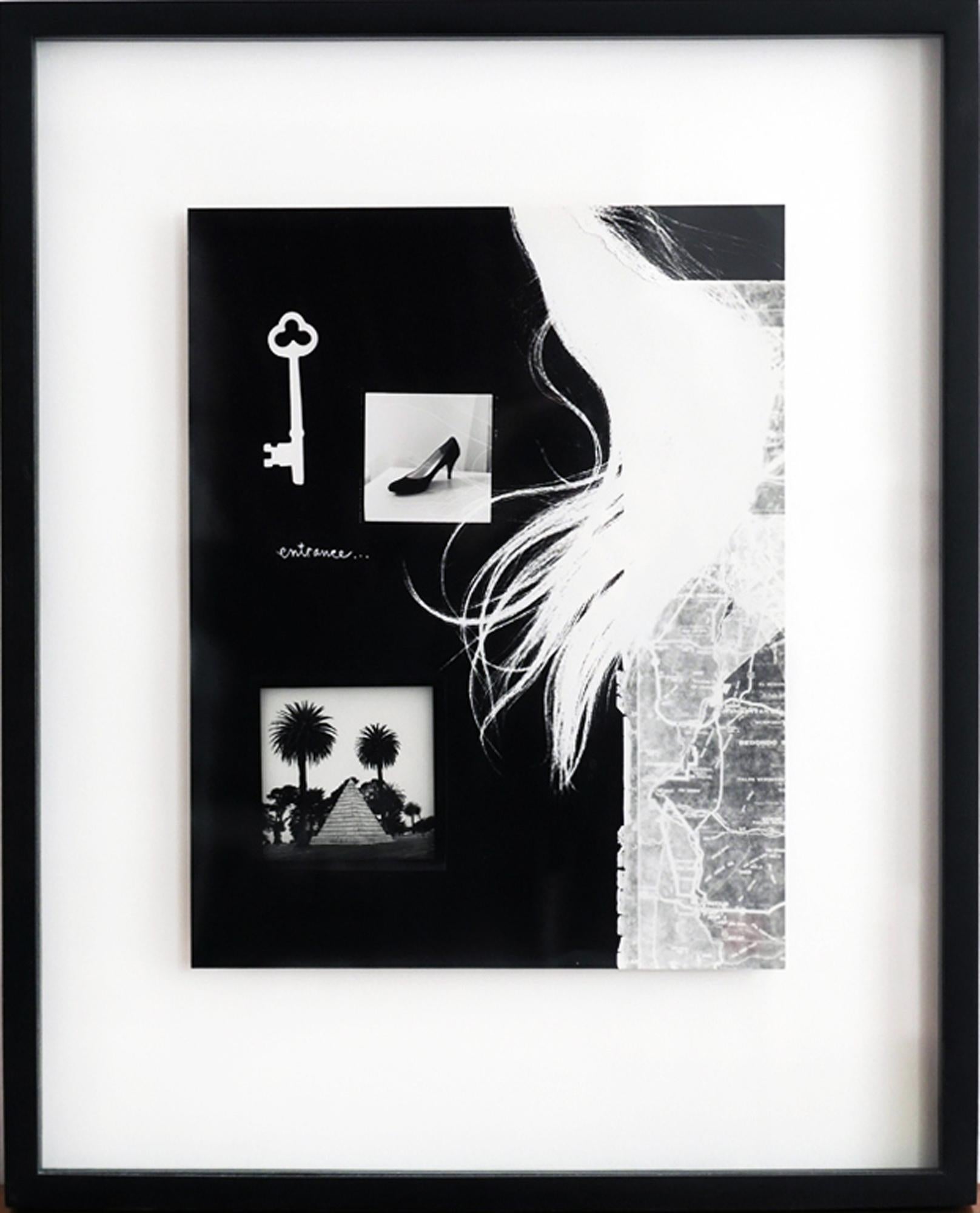 Entrance: framed abstract black & white photograph collage w/ key, shoe, trees - Photograph by Jenny Lynn